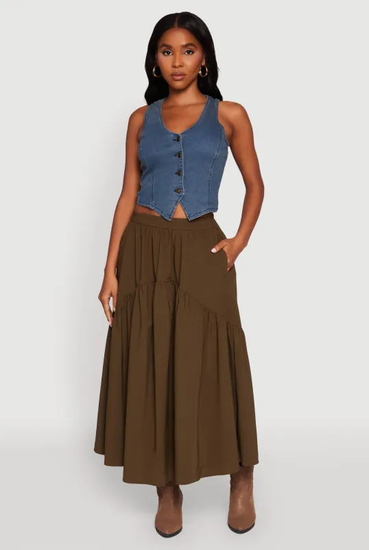 High Waisted Solid Maxi Tiered Skirt sold by Rainbow