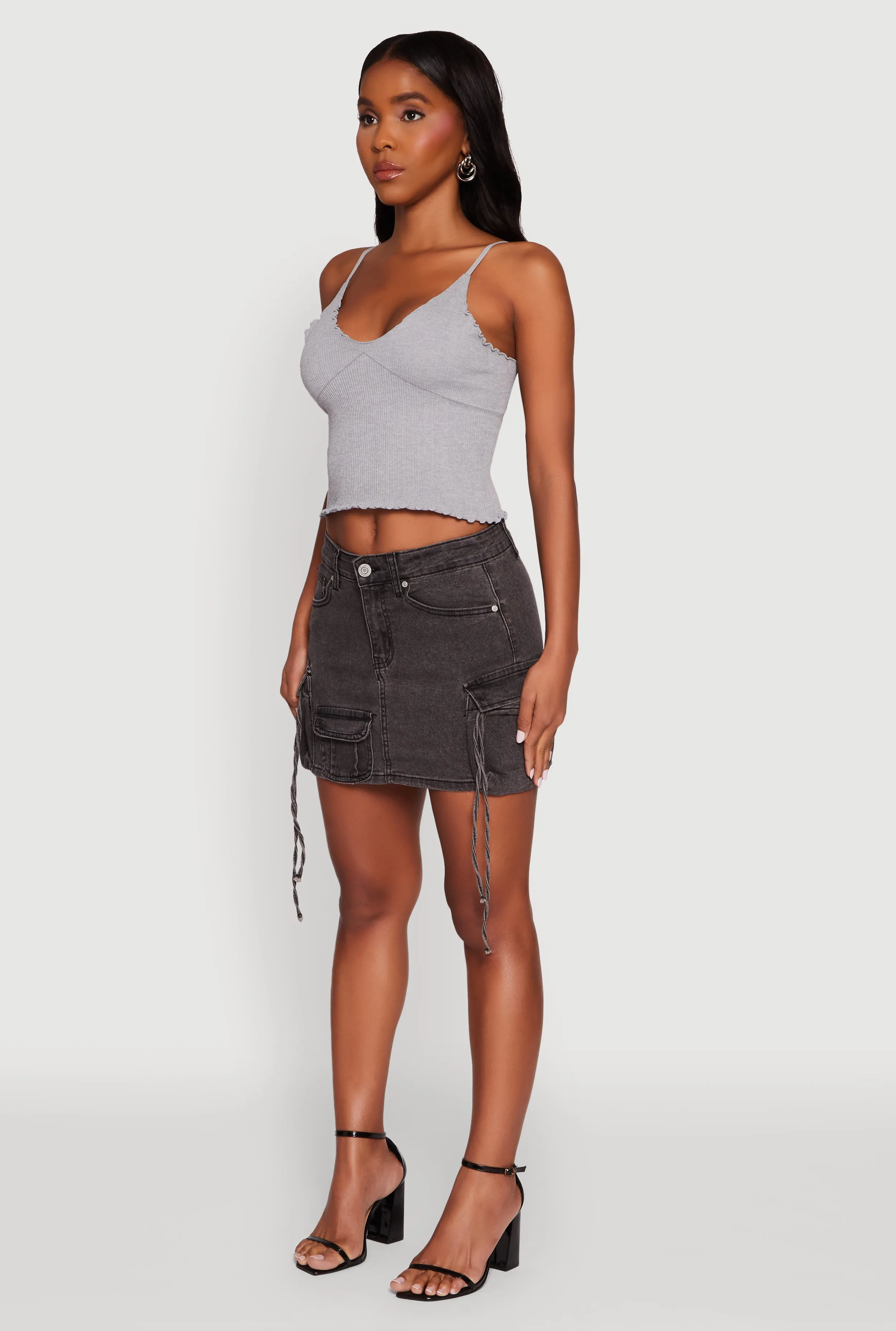 Trendy Mid Rise Mini Denim Skirt with Cargo Pockets sold by Rainbow product image thumbnail 3