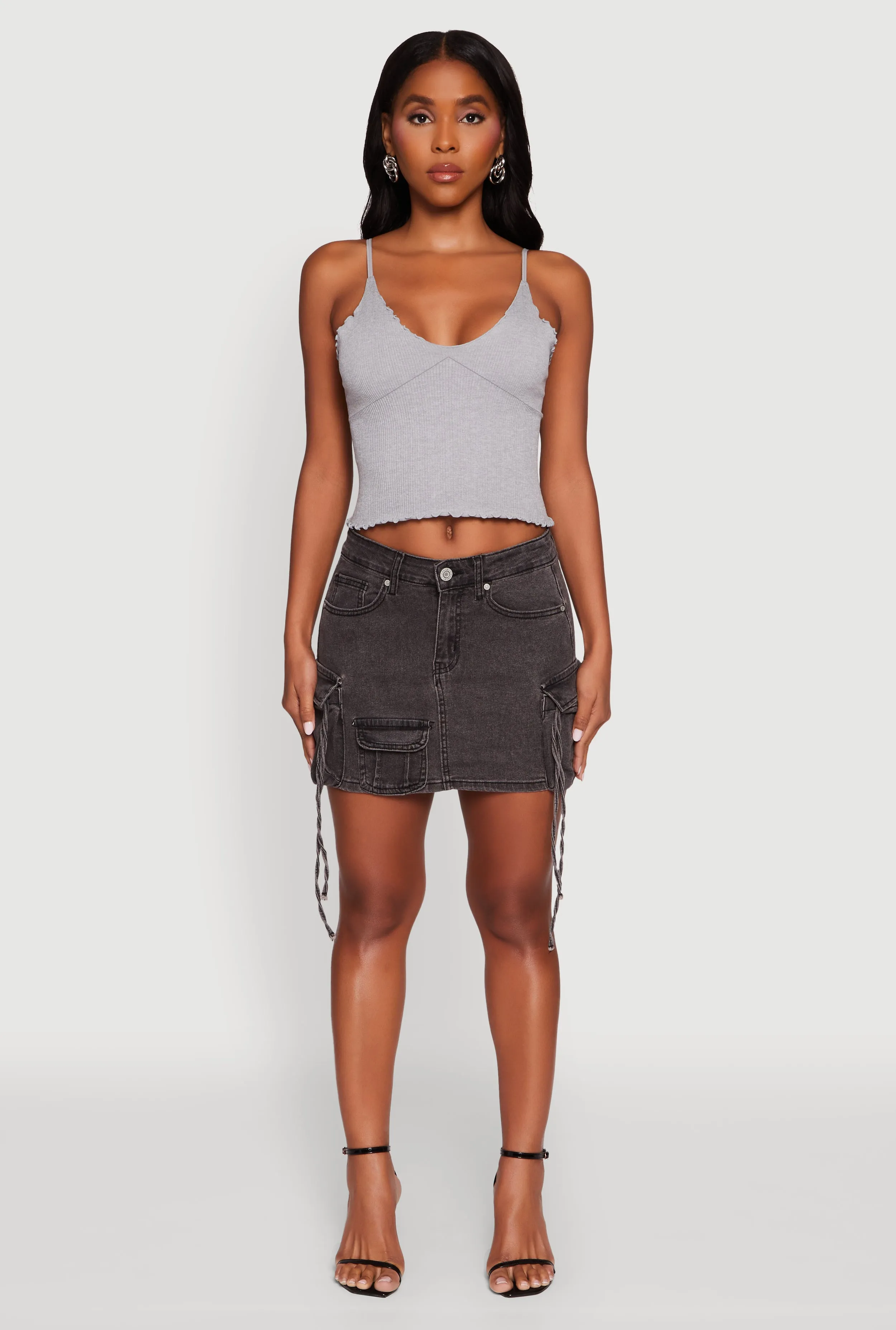 Trendy Mid Rise Mini Denim Skirt with Cargo Pockets sold by Rainbow