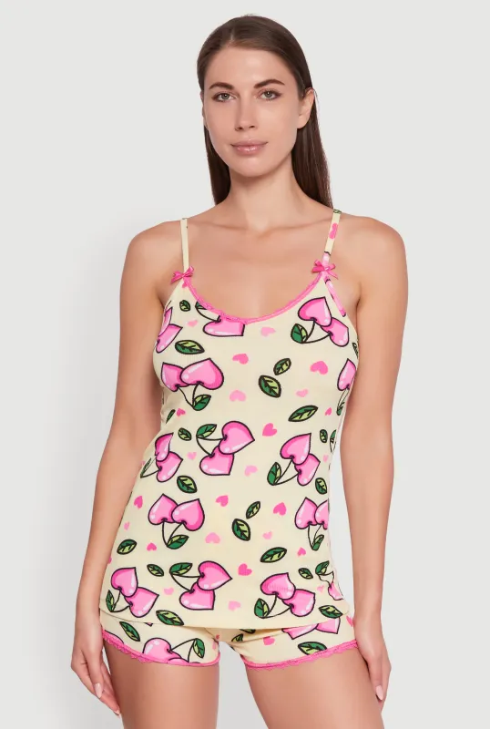Cherry Heart Print Lace Detail Pajama Cami and Shorts sold by Rainbow