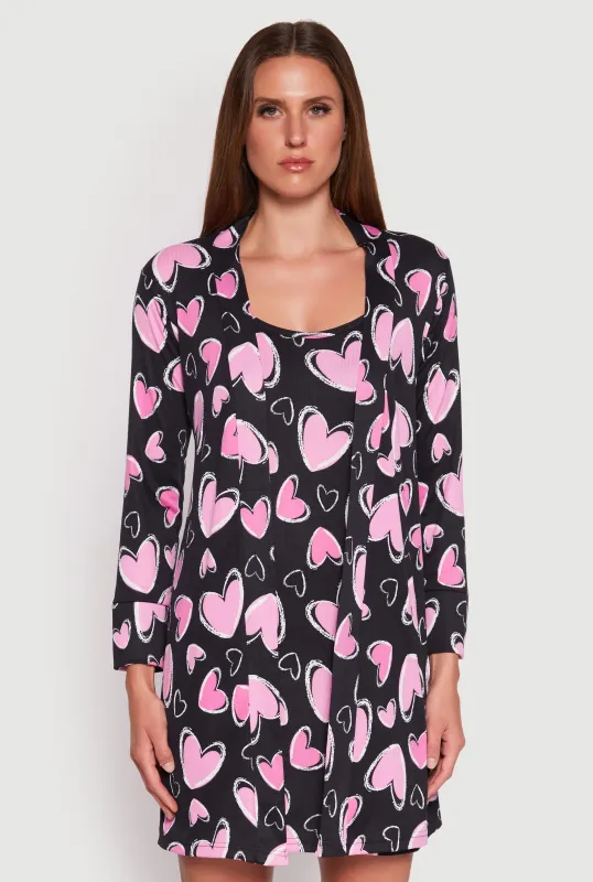Ribbed Knit Heart Print Cami Nightgown and Robe sold by Rainbow