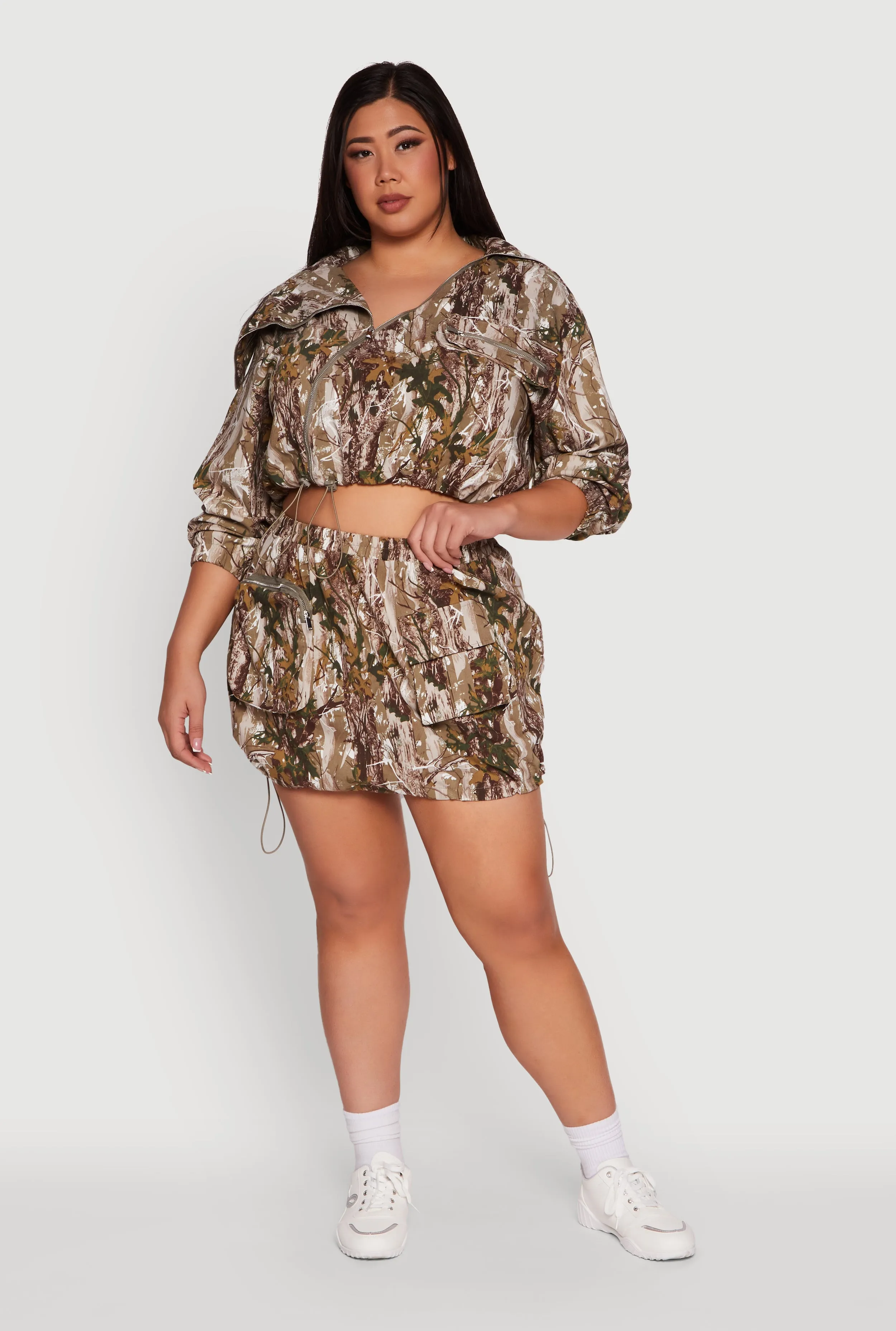 Plus Size Hunter Camo Drawstring Hem Cargo Mini Skirt sold by Rainbow
