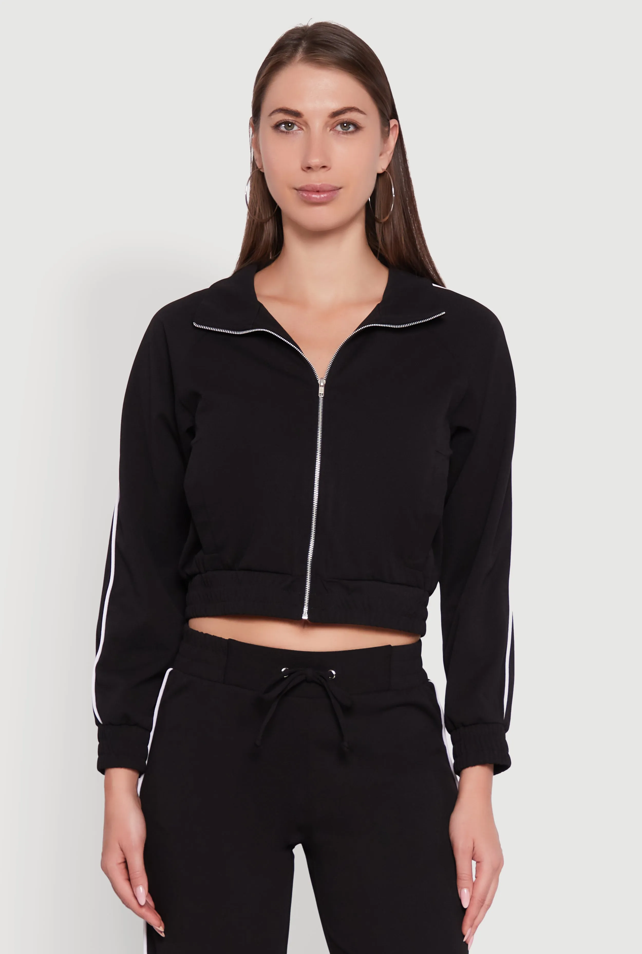 Crepe Knit Zip Front Jacket with Contrast Piping sold by Rainbow