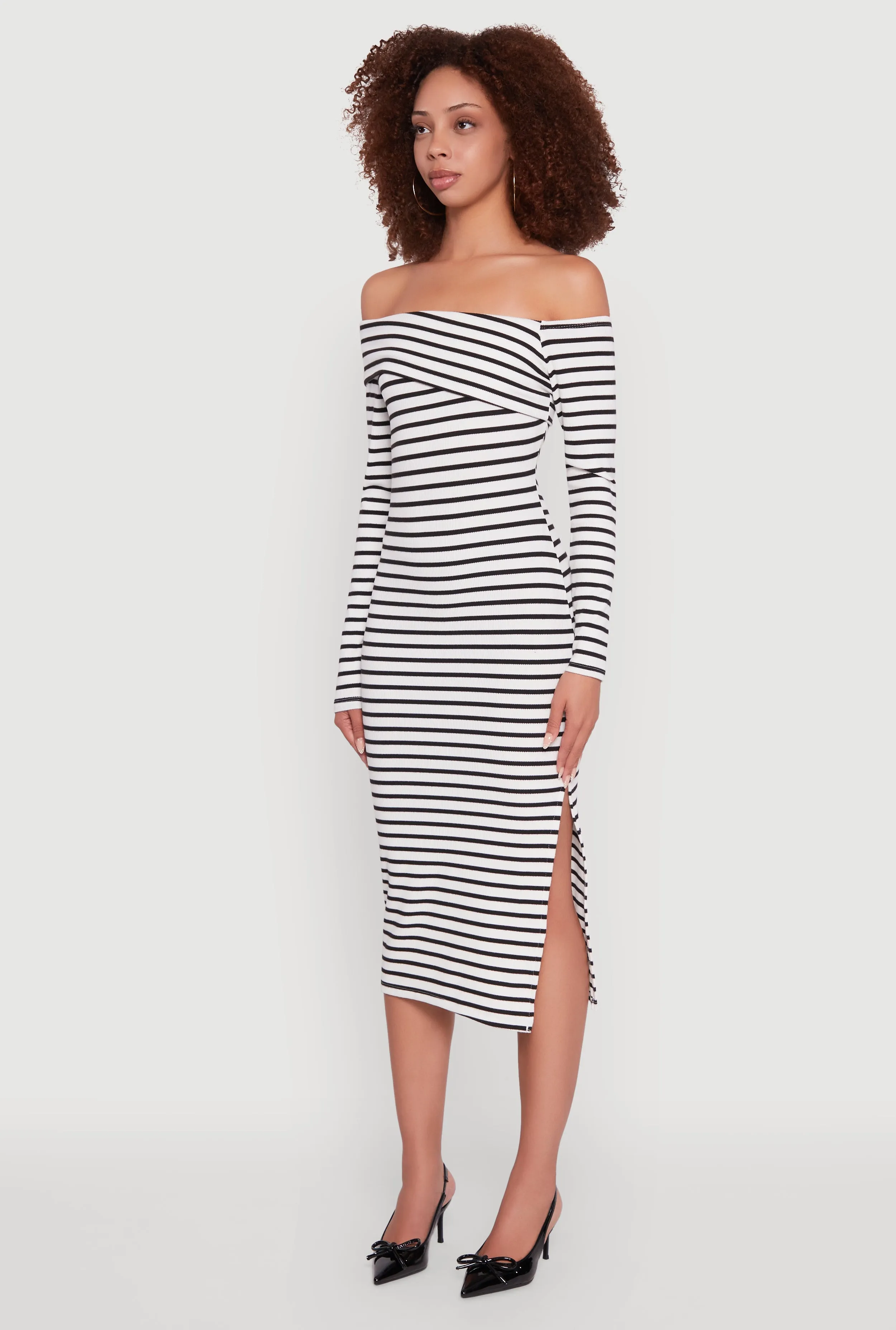 Striped Asymmetrical Fold Over Off The Shoulder Side Slit Dress sold by Rainbow product image thumbnail 3