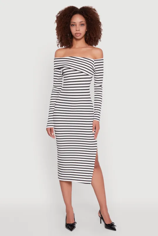 Striped Asymmetrical Fold Over Off The Shoulder Side Slit Dress sold by Rainbow