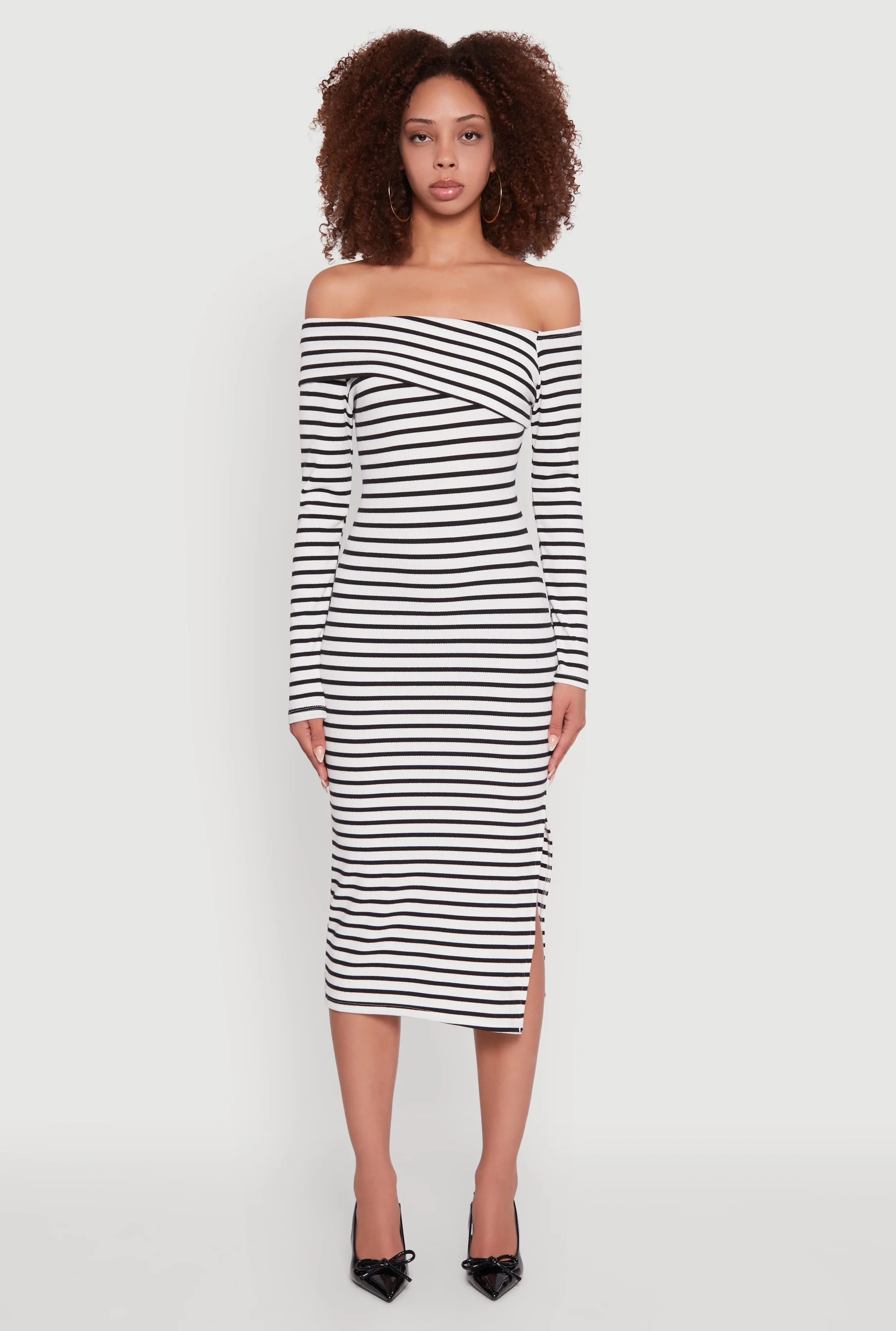 Striped Asymmetrical Fold Over Off The Shoulder Side Slit Dress sold by Rainbow product image thumbnail 2