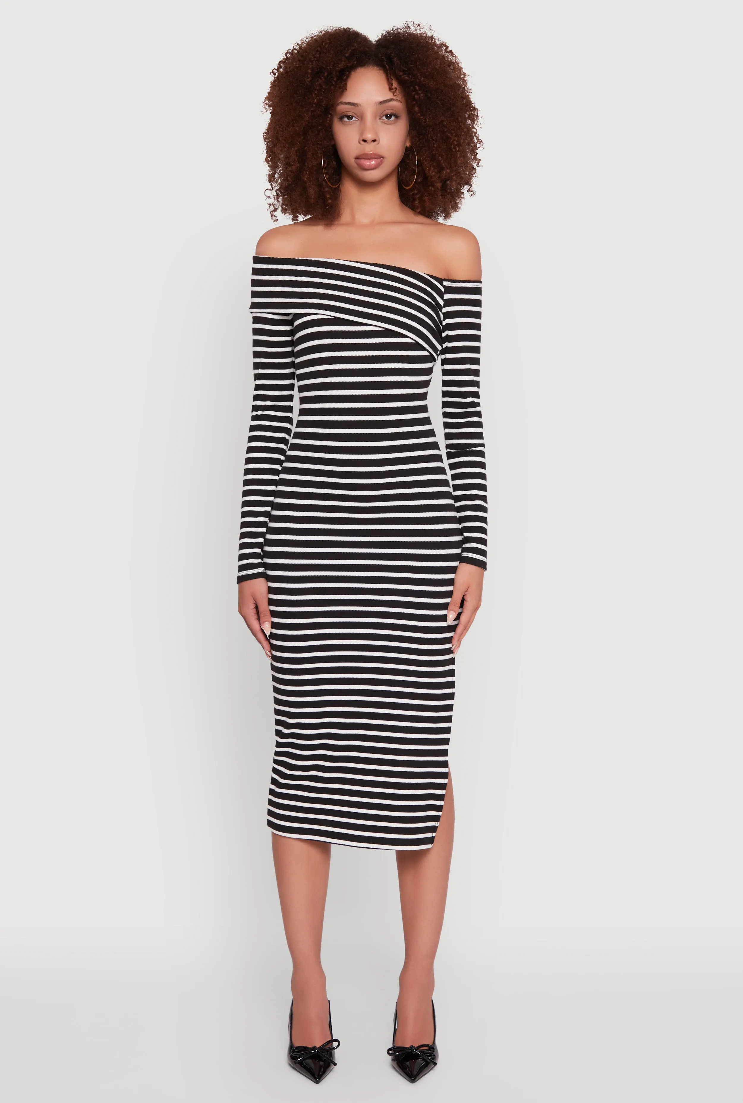 Striped Asymmetrical Fold Over Off The Shoulder Side Slit Dress sold by Rainbow product image thumbnail 2