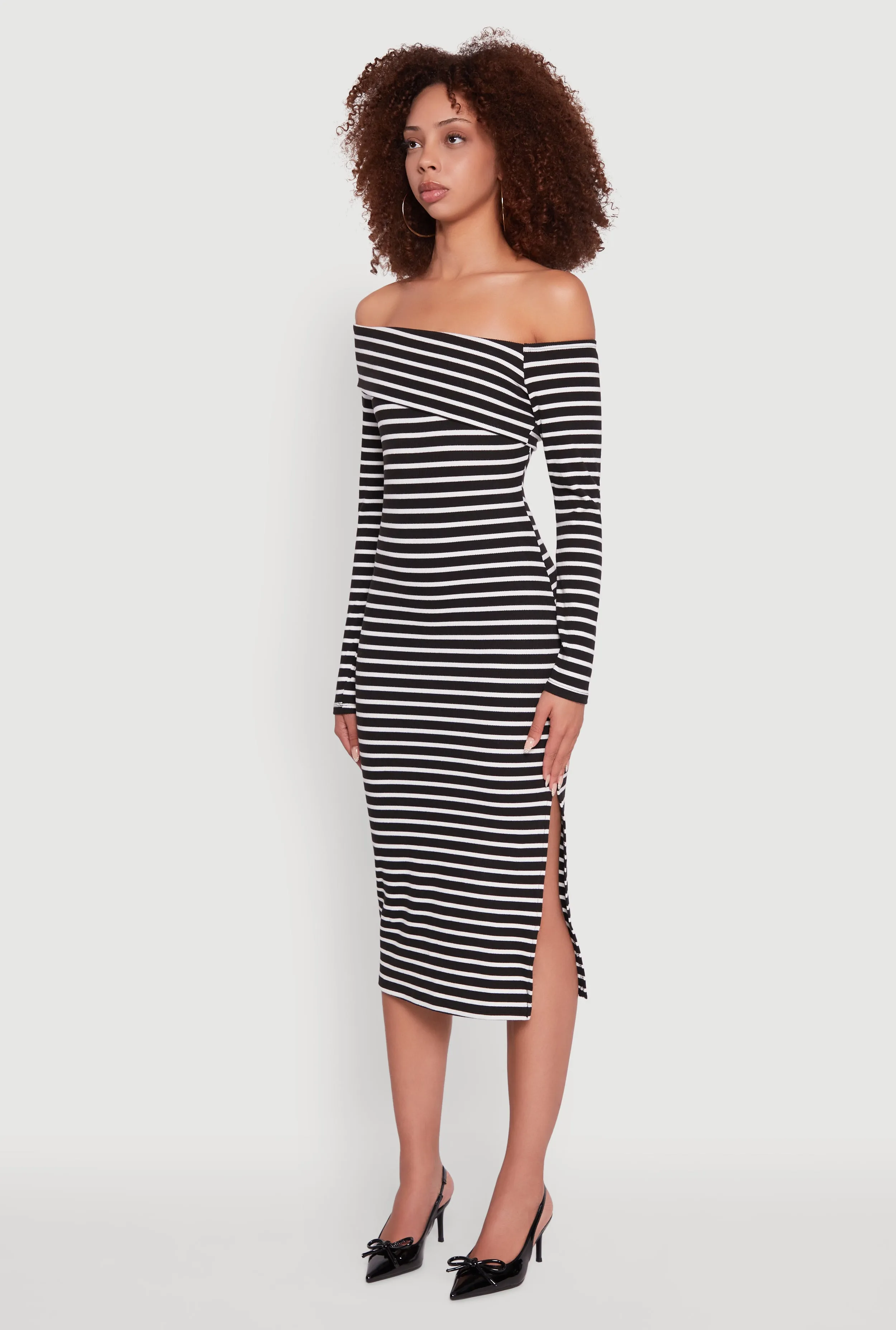 Striped Asymmetrical Fold Over Off The Shoulder Side Slit Dress sold by Rainbow product image thumbnail 3