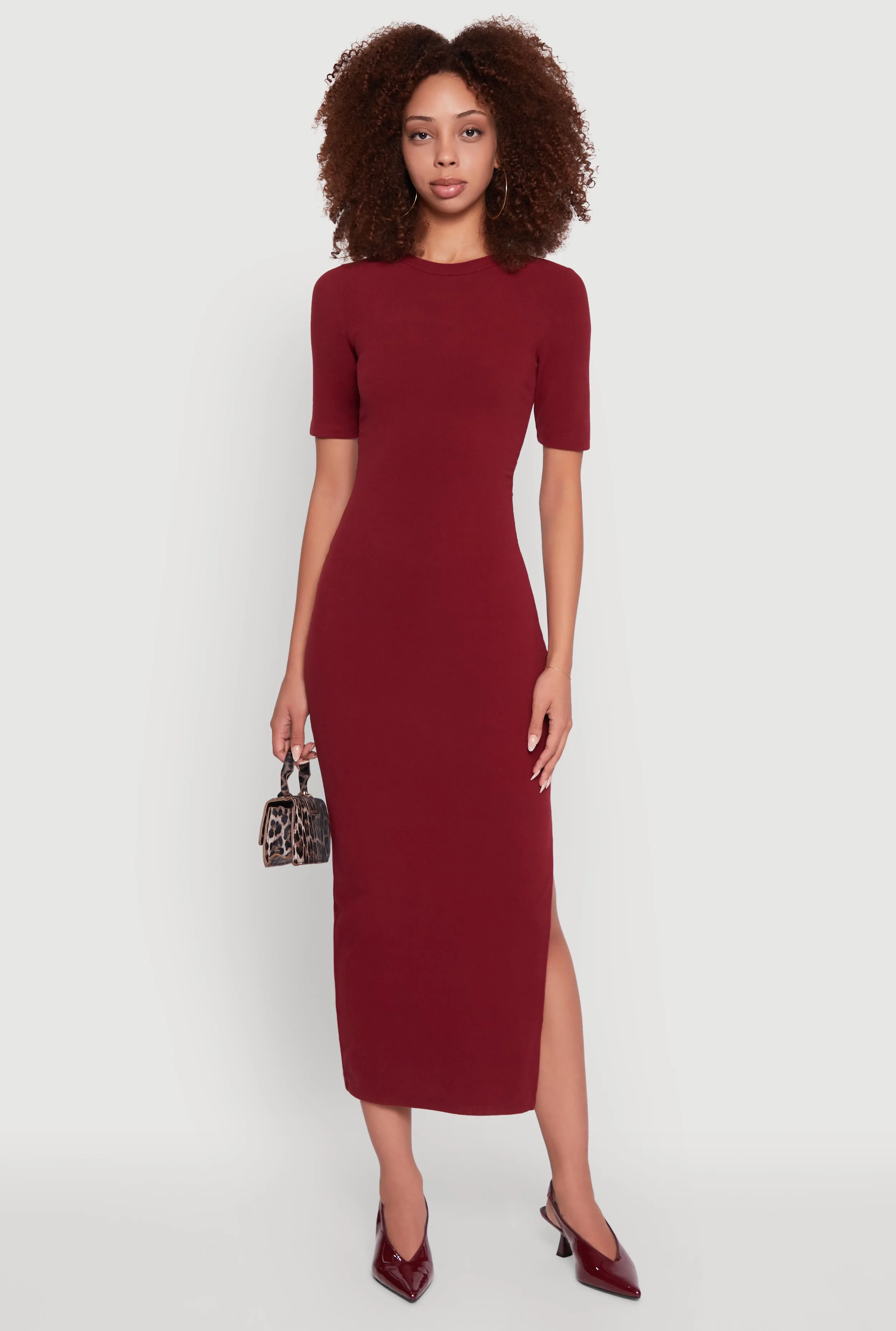 Ribbed Knit Side Ruch Side Slit Midi Dress sold by Rainbow