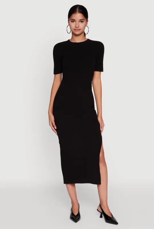 Ribbed Knit Side Ruch Side Slit Midi Dress sold by Rainbow