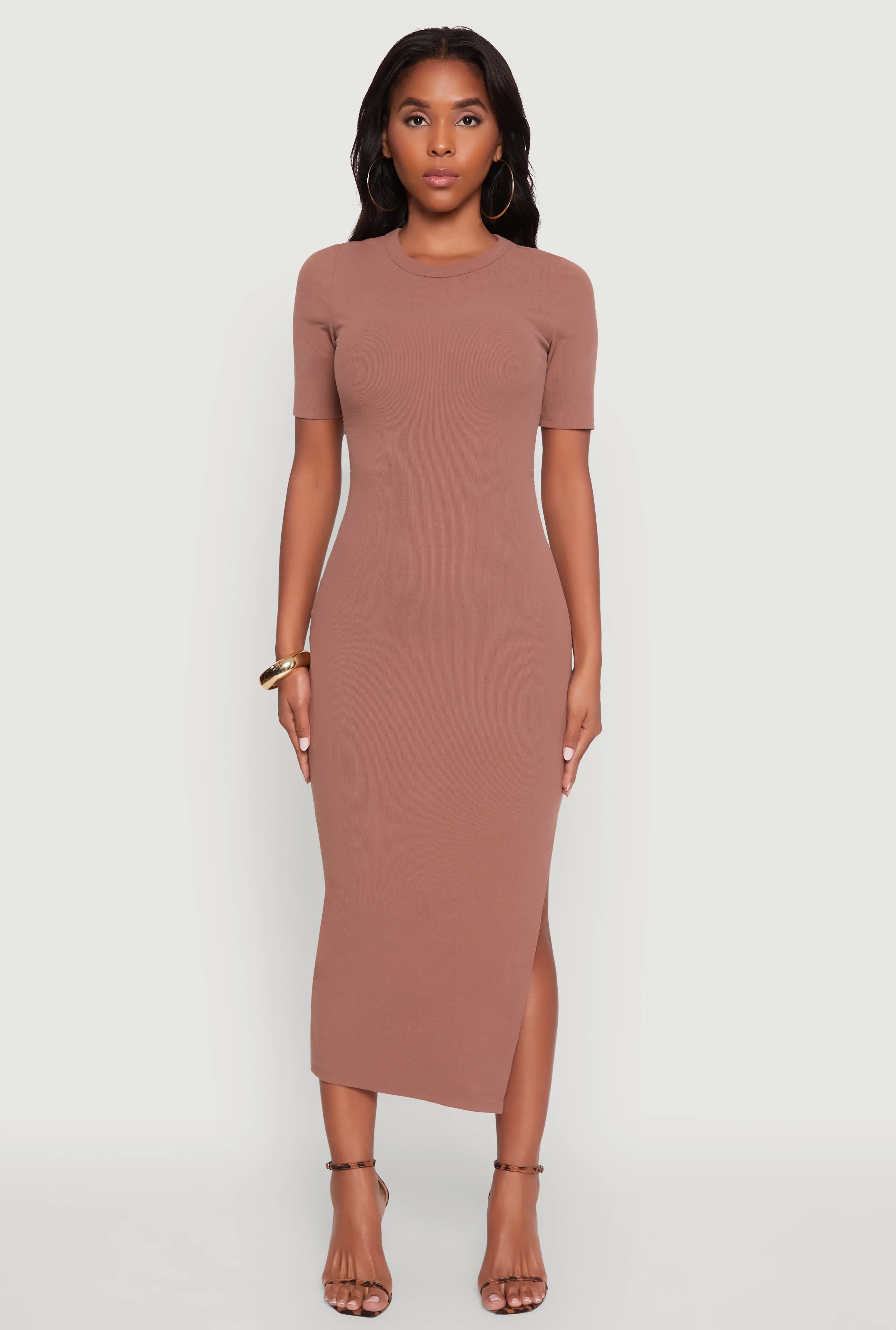 Ribbed Knit Side Ruch Side Slit Midi Dress sold by Rainbow product image thumbnail 2