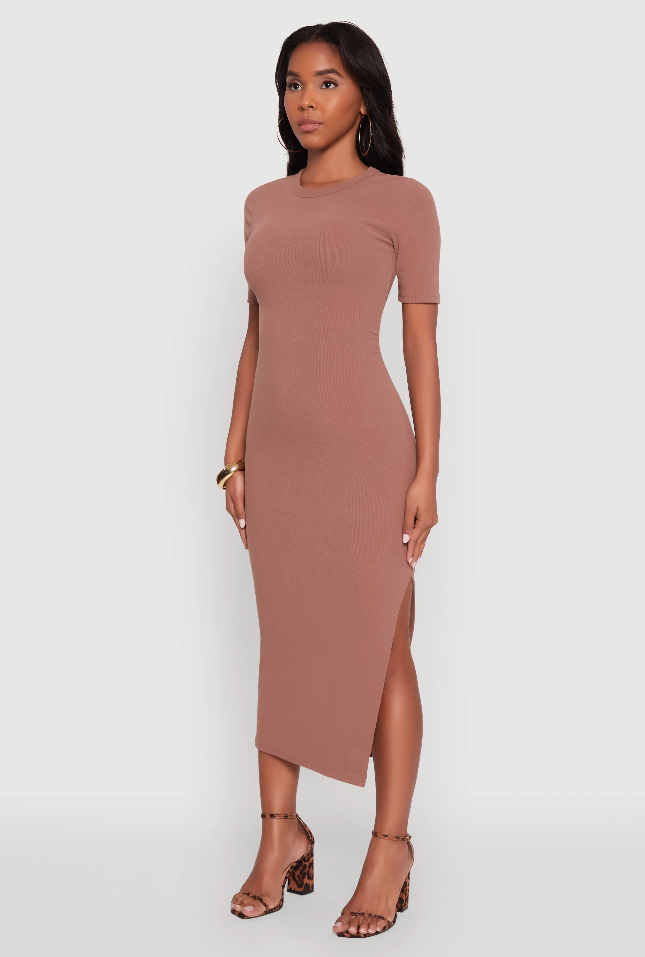 Ribbed Knit Side Ruch Side Slit Midi Dress sold by Rainbow product image thumbnail 3
