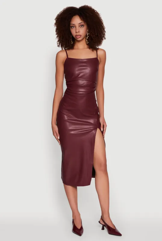 Faux Leather Square Neck Side Slit Midi Dress sold by Rainbow