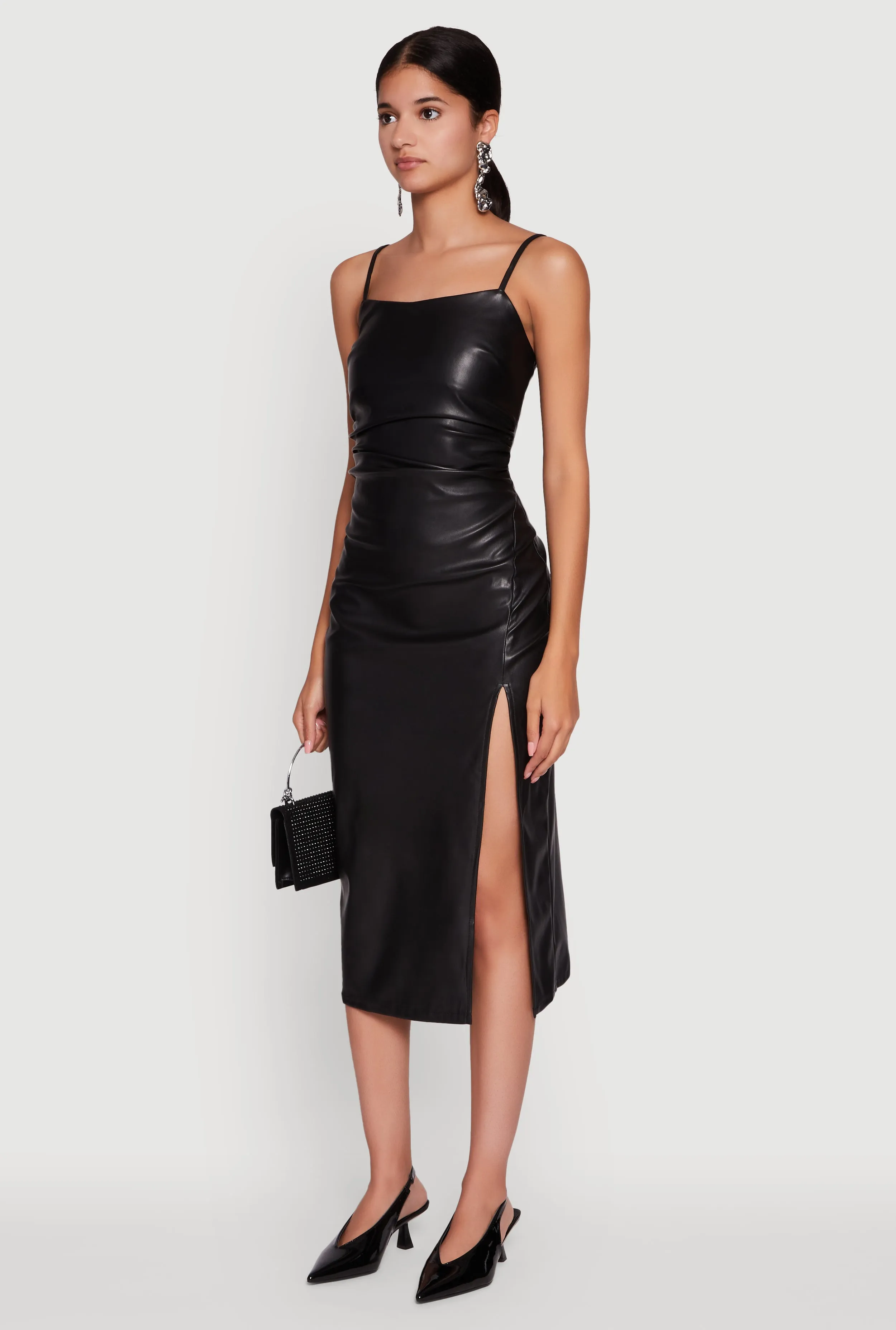 Faux Leather Square Neck Side Slit Midi Dress sold by Rainbow product image thumbnail 3
