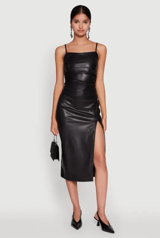 Faux Leather Square Neck Side Slit Midi Dress sold by Rainbow