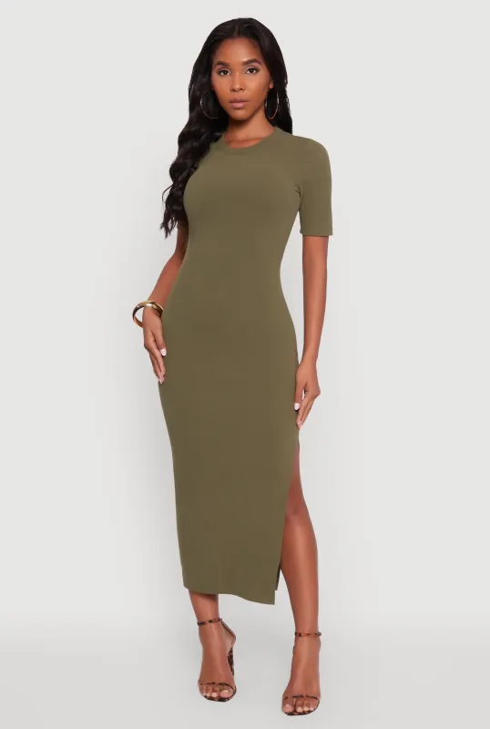 Ribbed Knit Side Ruch Side Slit Midi Dress sold by Rainbow