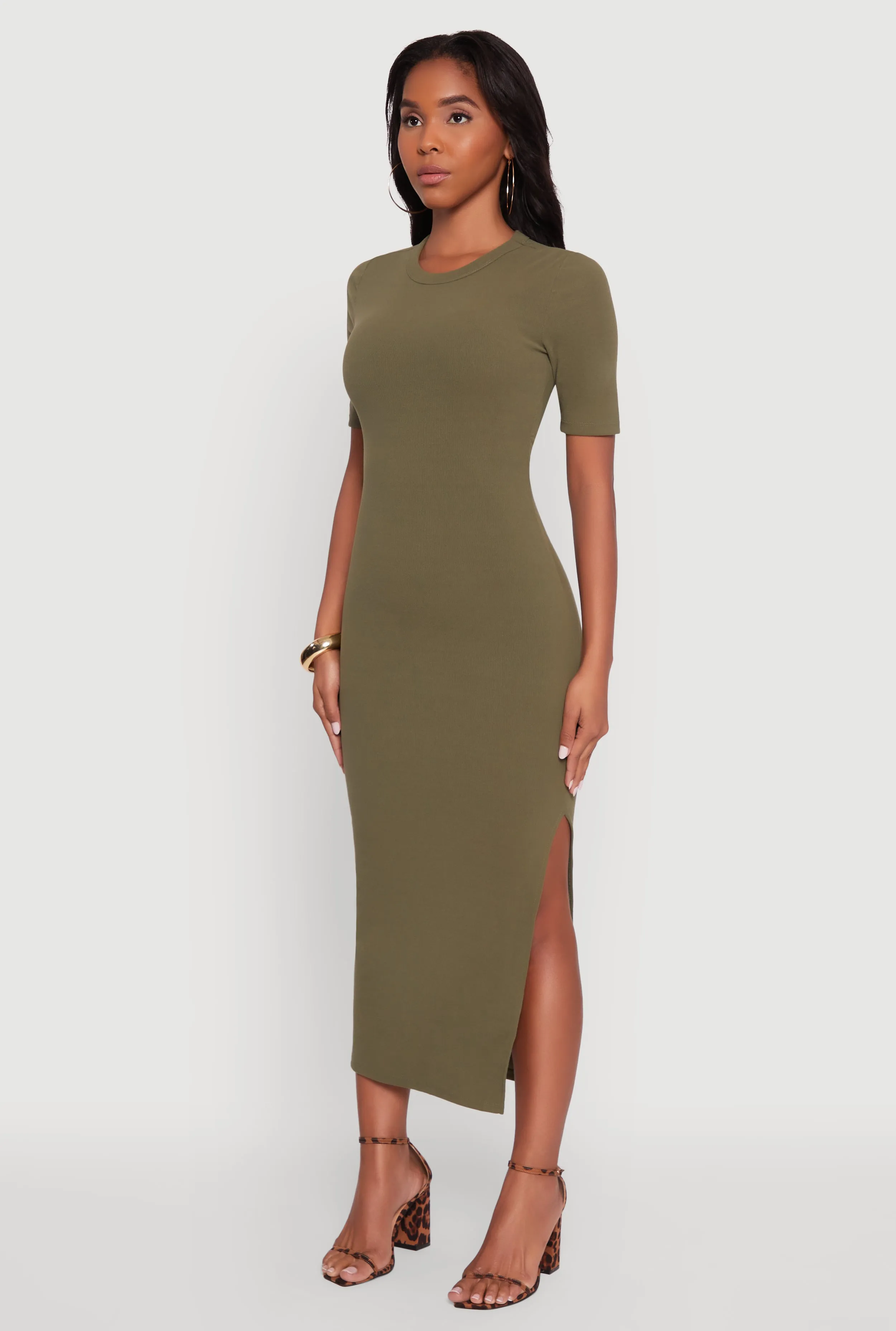 Ribbed Knit Side Ruch Side Slit Midi Dress sold by Rainbow product image thumbnail 3
