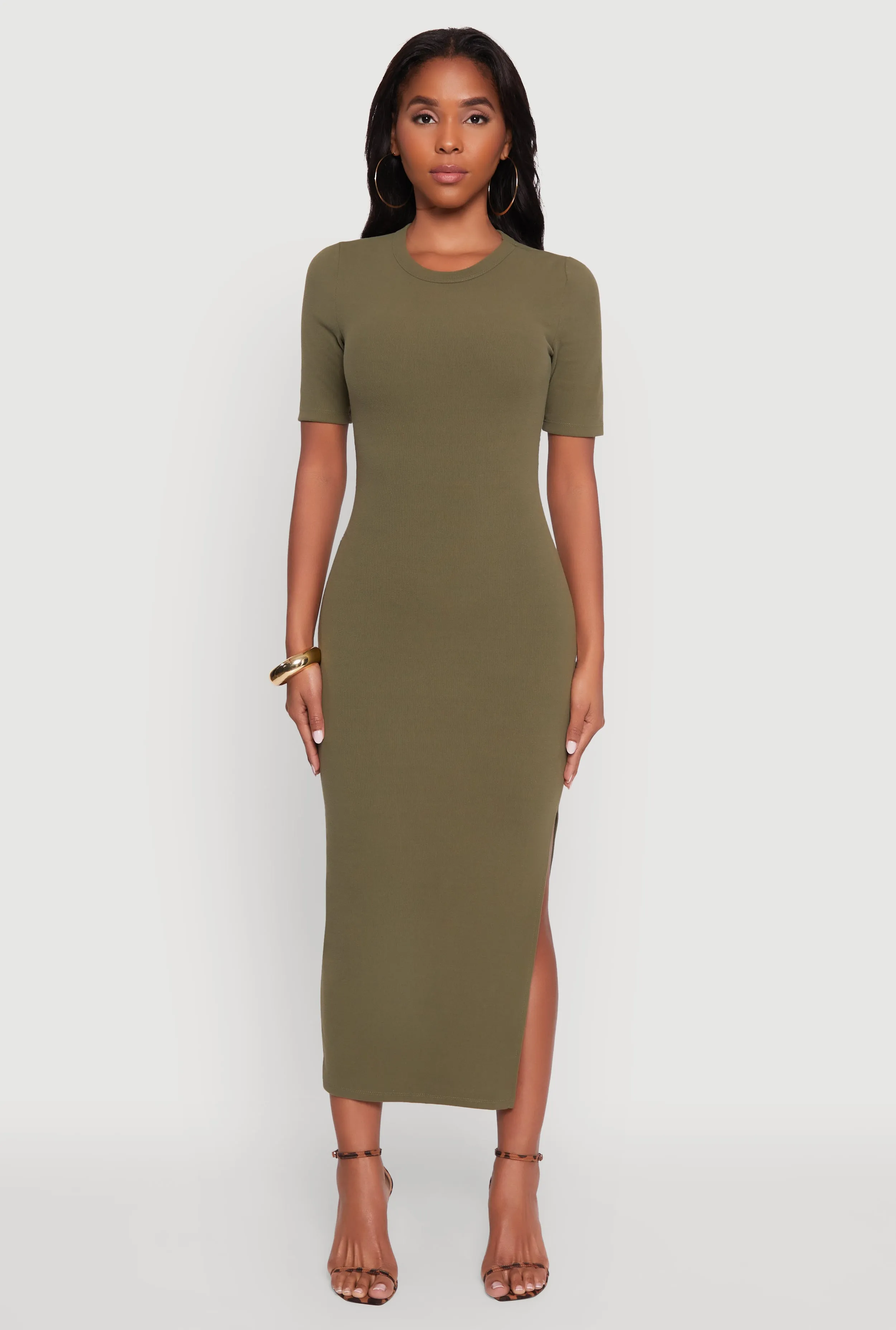 Ribbed Knit Side Ruch Side Slit Midi Dress sold by Rainbow product image thumbnail 2