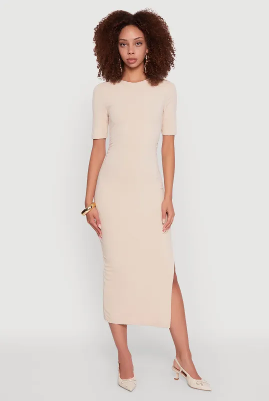Ribbed Knit Side Ruch Side Slit Midi Dress sold by Rainbow