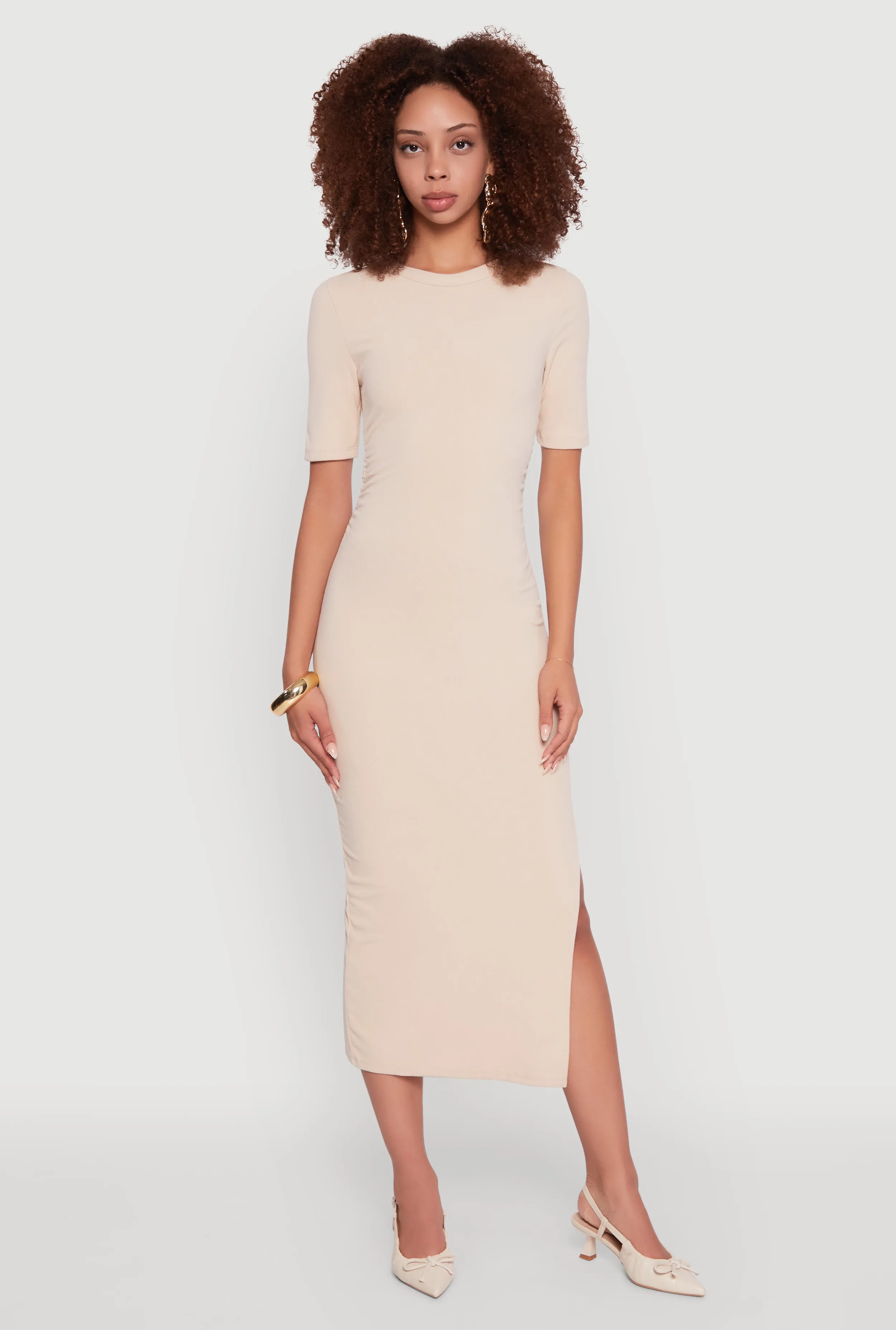 Ribbed Knit Side Ruch Side Slit Midi Dress sold by Rainbow
