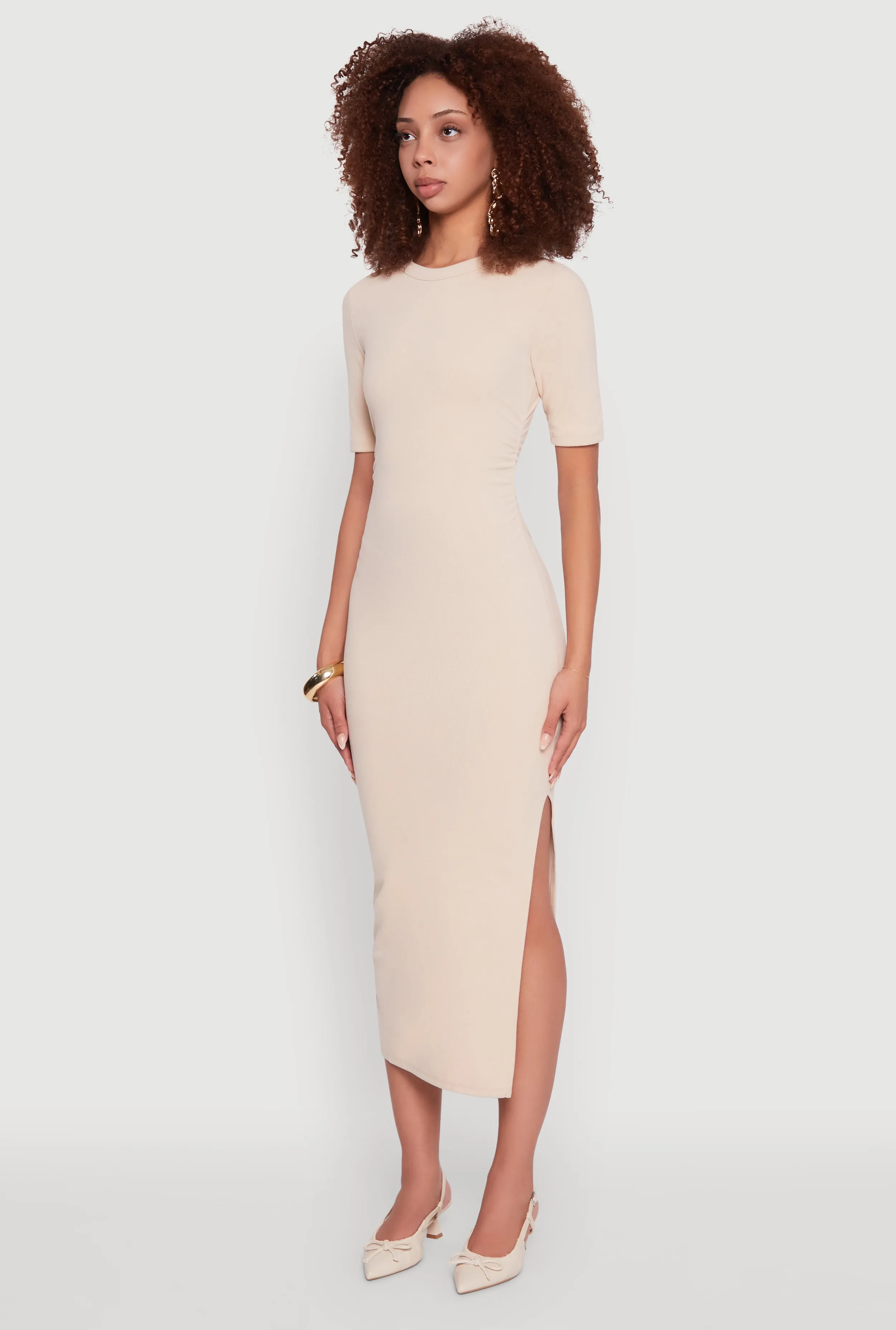 Ribbed Knit Side Ruch Side Slit Midi Dress sold by Rainbow product image thumbnail 3