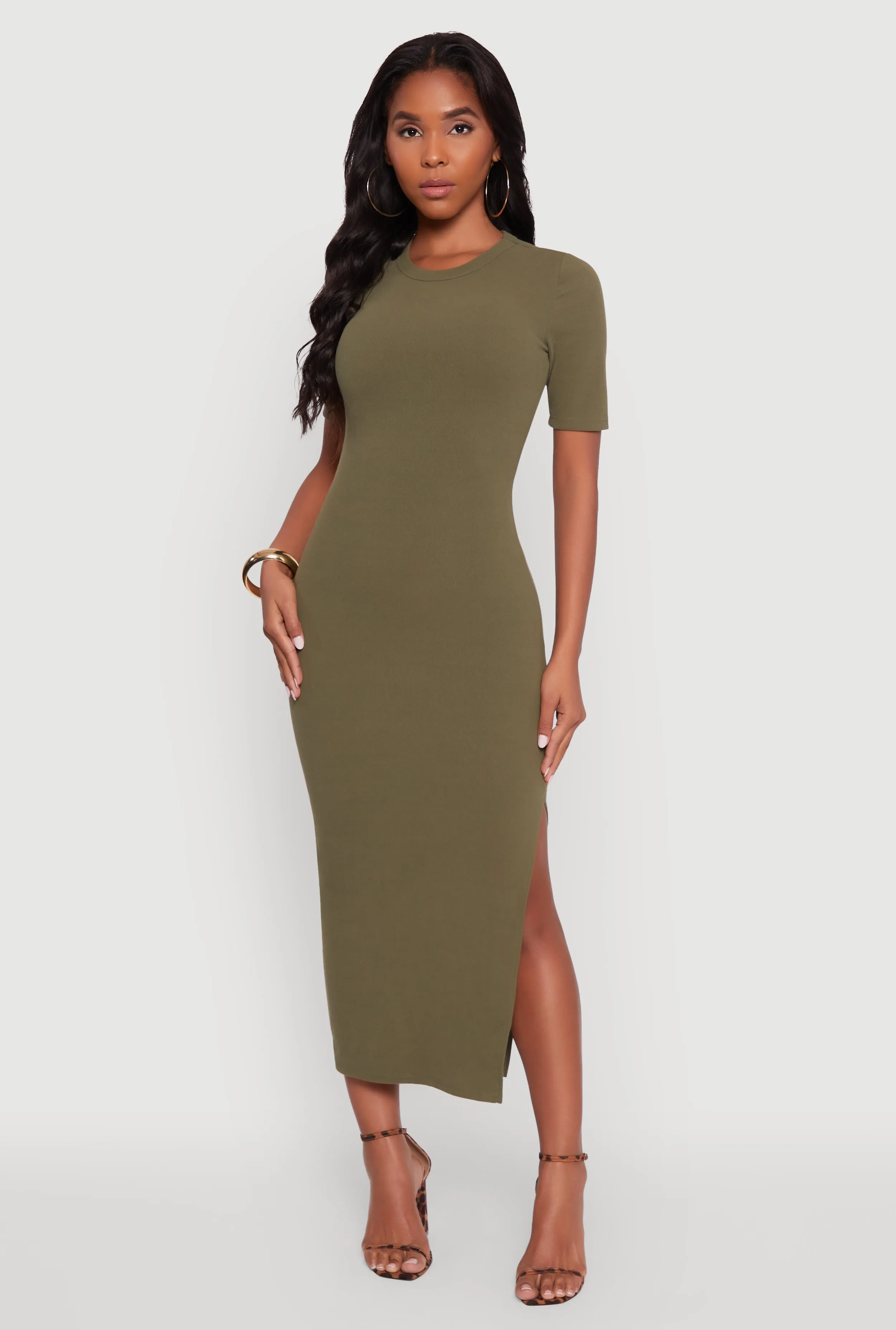Ribbed Knit Side Ruch Side Slit Midi Dress sold by Rainbow product image thumbnail 3