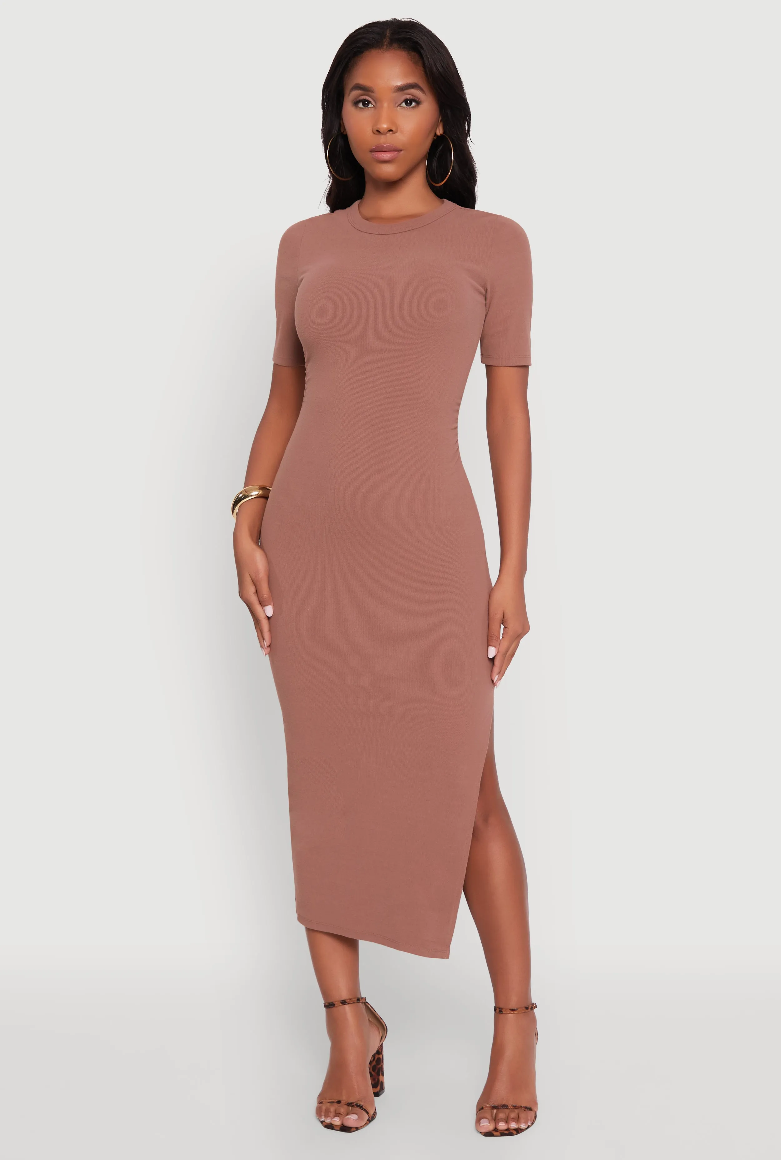 Ribbed Knit Side Ruch Side Slit Midi Dress sold by Rainbow product image thumbnail 5
