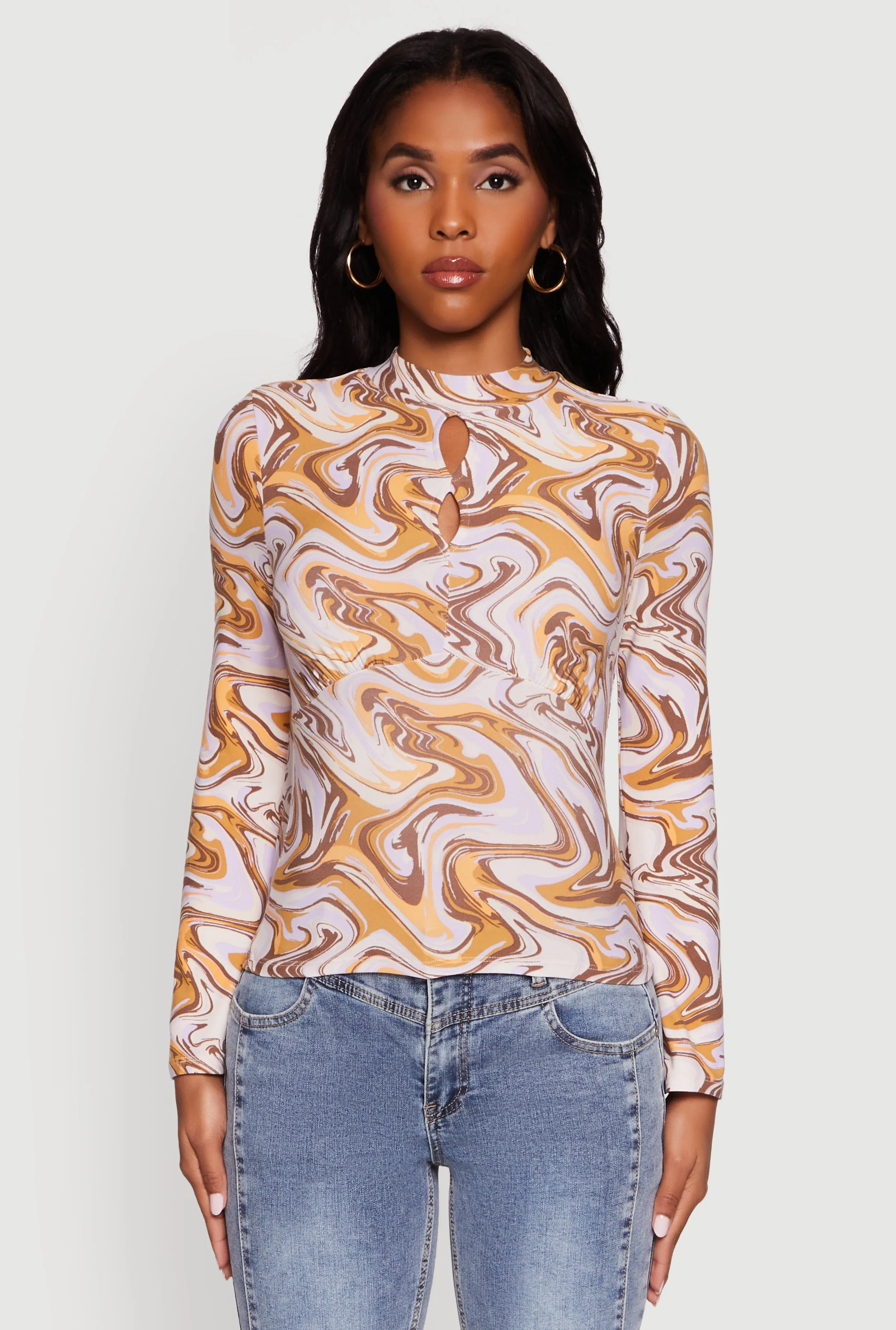 Trendy Women's Classic Fit Printed Mock Neck Blouse with Keyhole sold by Rainbow product image thumbnail 2