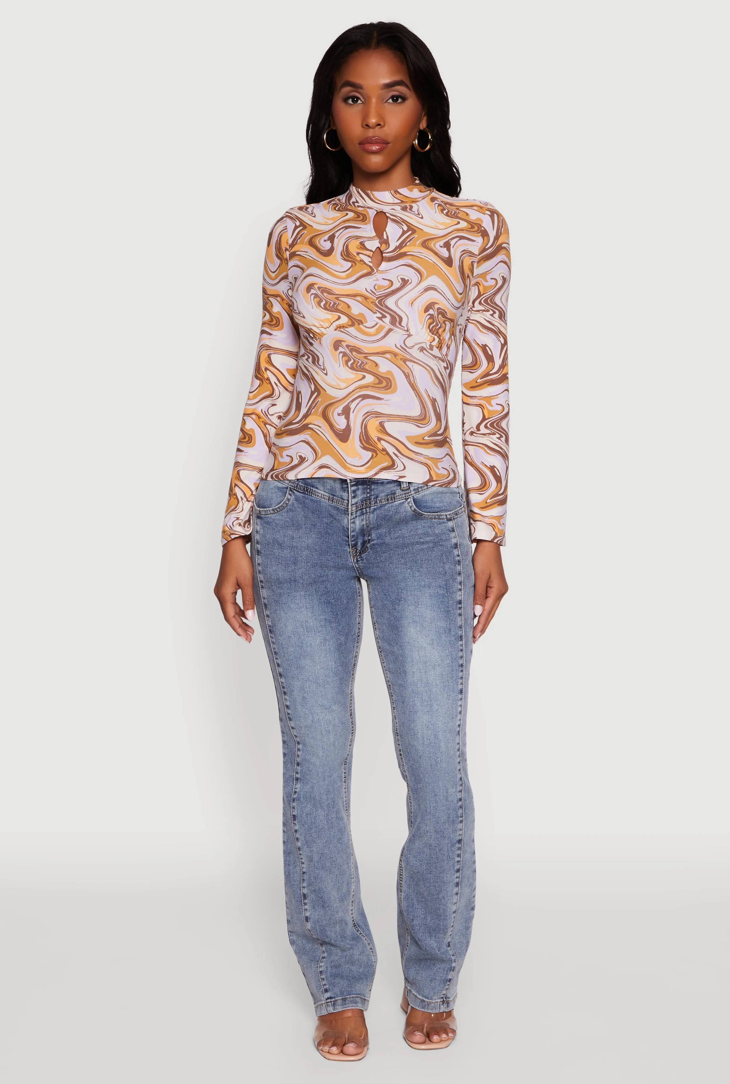 Trendy Women's Classic Fit Printed Mock Neck Blouse with Keyhole sold by Rainbow product image thumbnail 2