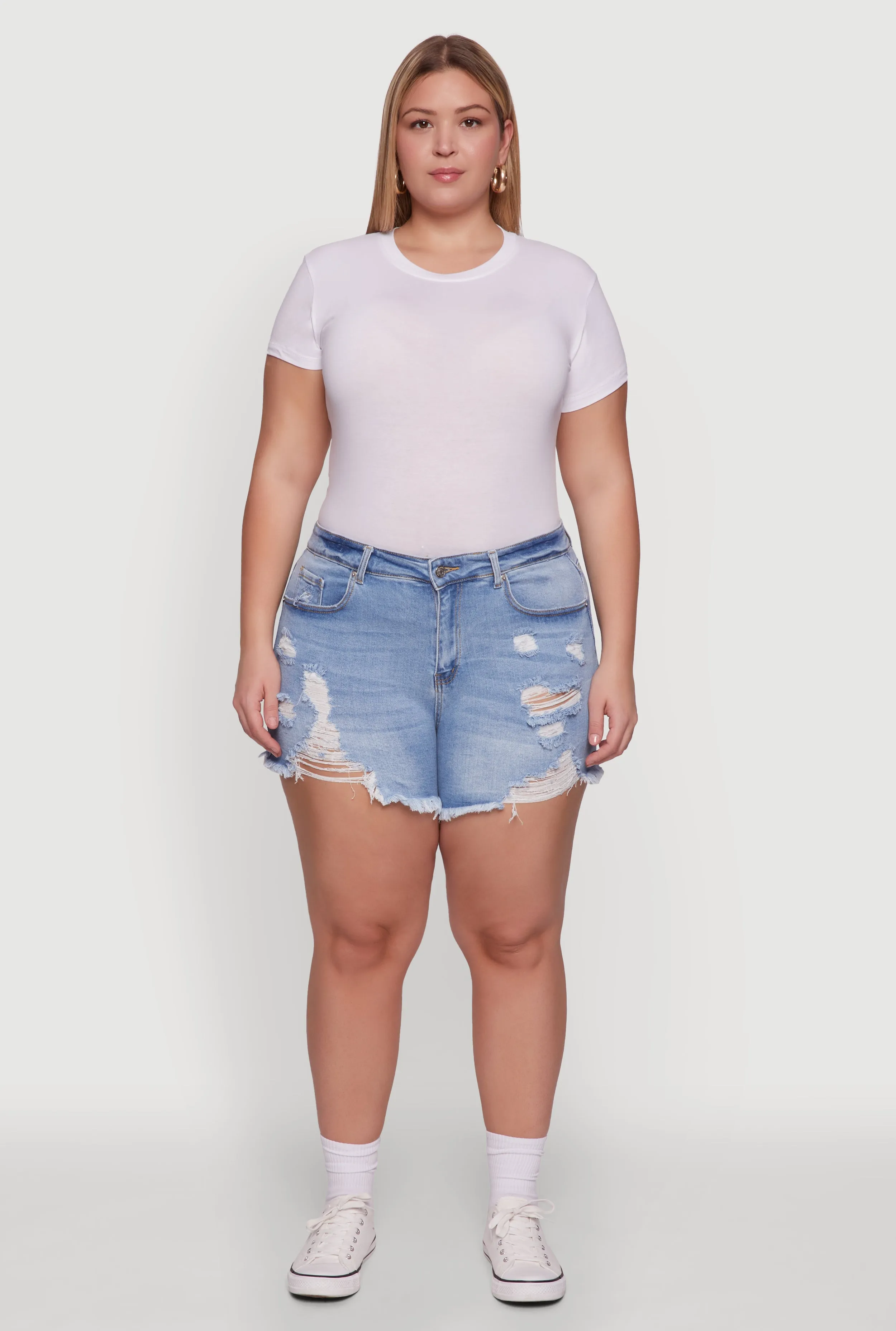 Plus Size WAX High Waisted Frayed Distressed Denim Shorts sold by Rainbow