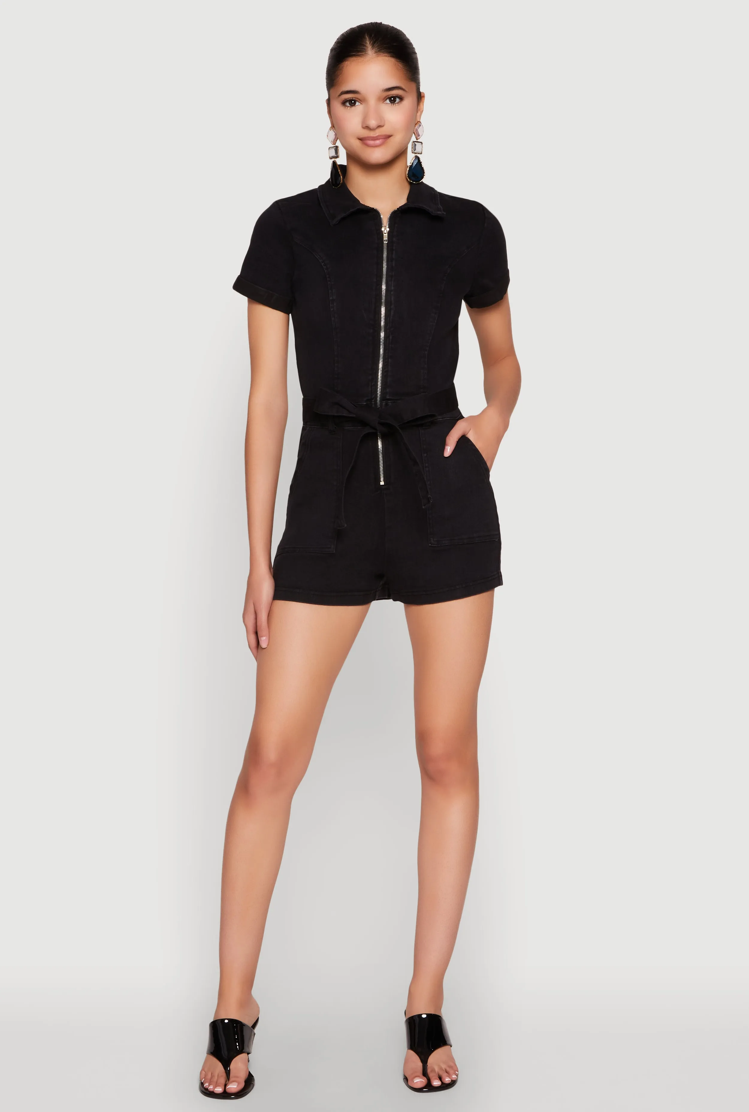 Haute Monde Zip Front Tie Waist Belted Denim Romper sold by Rainbow