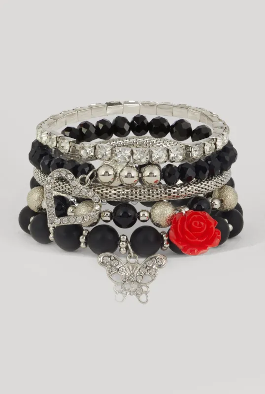 Rose Rhinestone Charm Stretch Bracelets Set of 5 sold by Rainbow