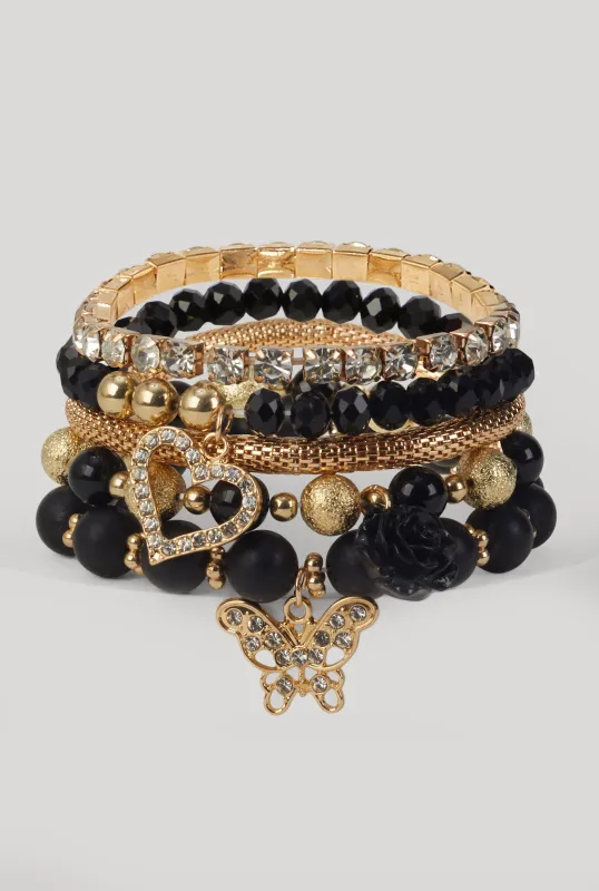 Rose Rhinestone Charm Stretch Bracelets Set of 5 sold by Rainbow