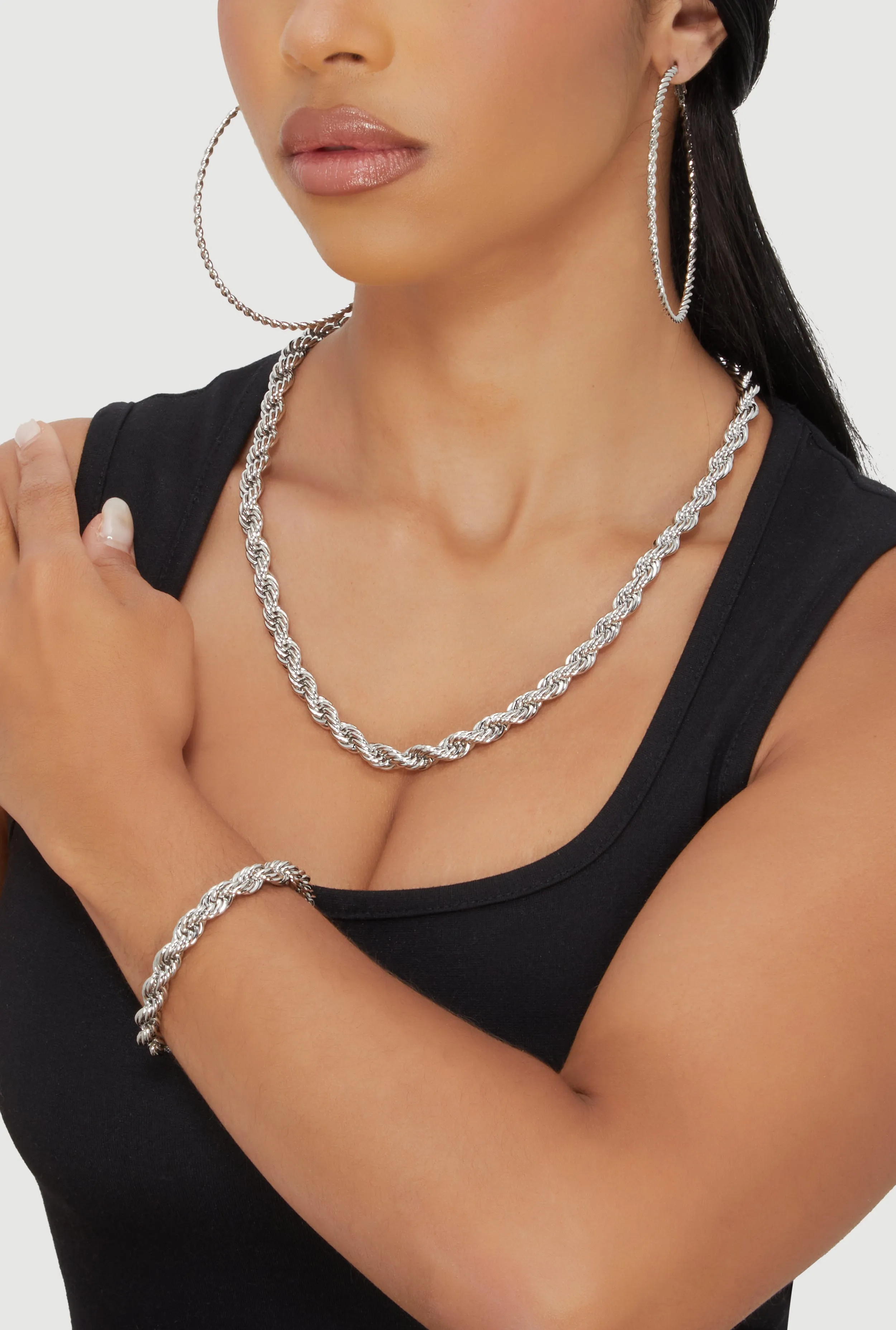 Twisted Rope Chain Necklace and Bracelet with Hoop Earrings sold by Rainbow product image thumbnail 2