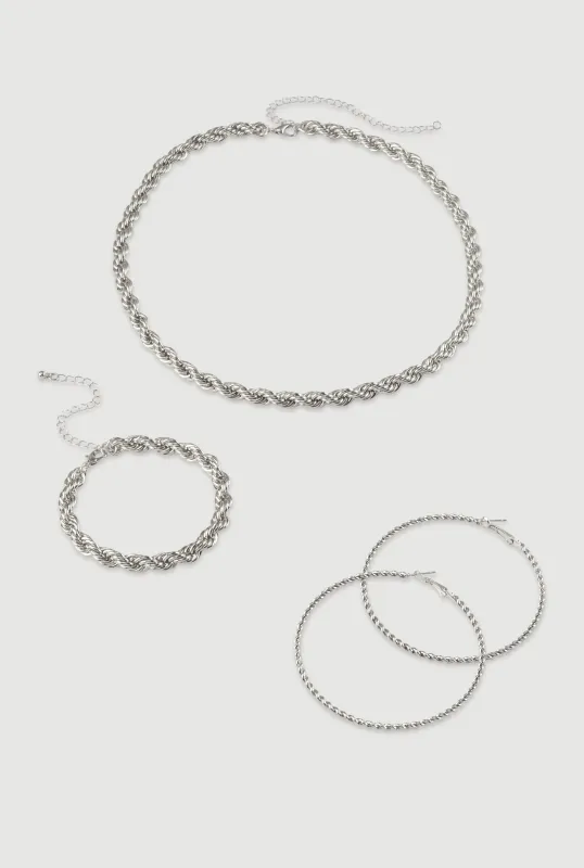 Twisted Rope Chain Necklace and Bracelet with Hoop Earrings sold by Rainbow