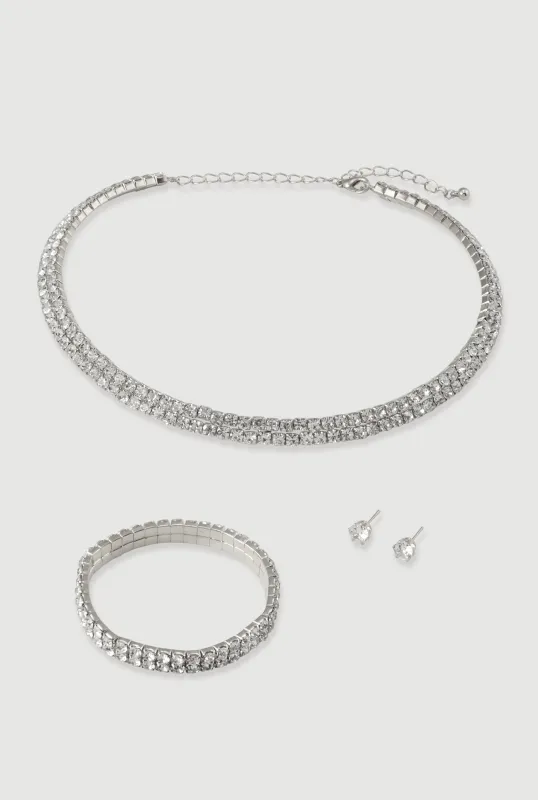 Rhinestone Choker Necklace and Bracelet with Stud Earrings sold by Rainbow