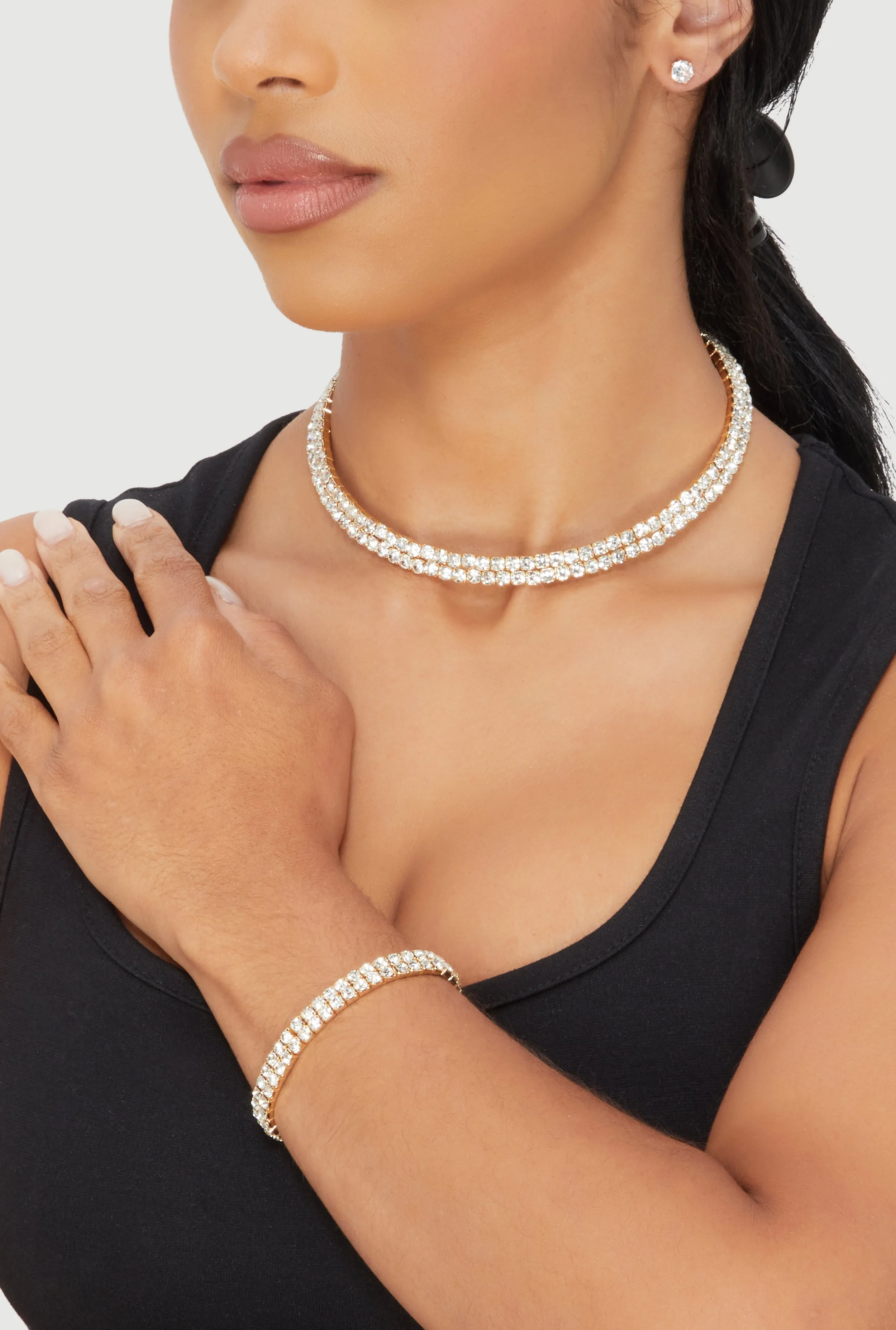 Rhinestone Choker Necklace and Bracelet with Stud Earrings sold by Rainbow product image thumbnail 2