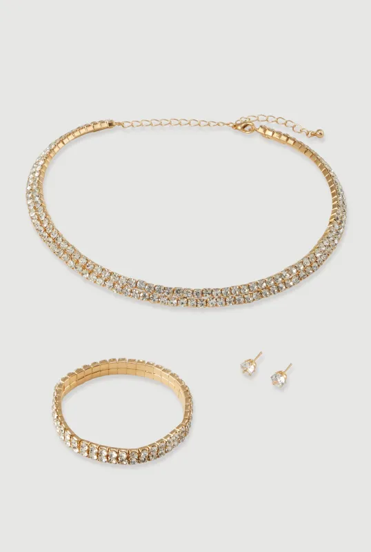 Rhinestone Choker Necklace and Bracelet with Stud Earrings sold by Rainbow