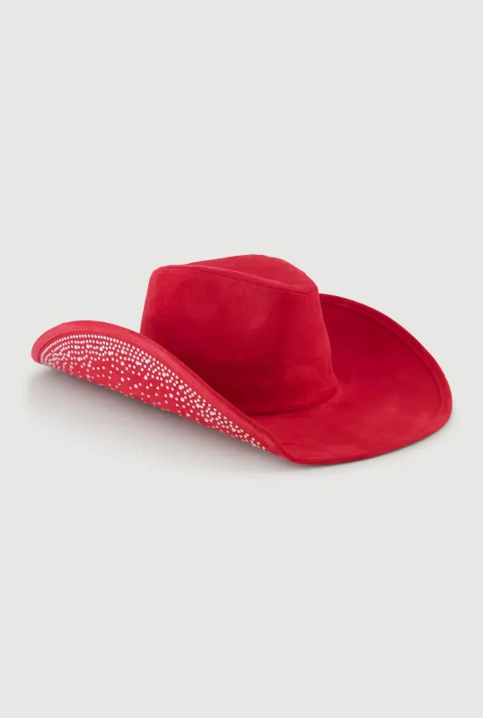 Faux Suede Rhinestone Brim Cowboy Hat sold by Rainbow