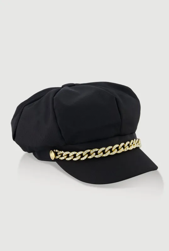 Rhinestone Curb Chain Detail Cabbie Hat sold by Rainbow