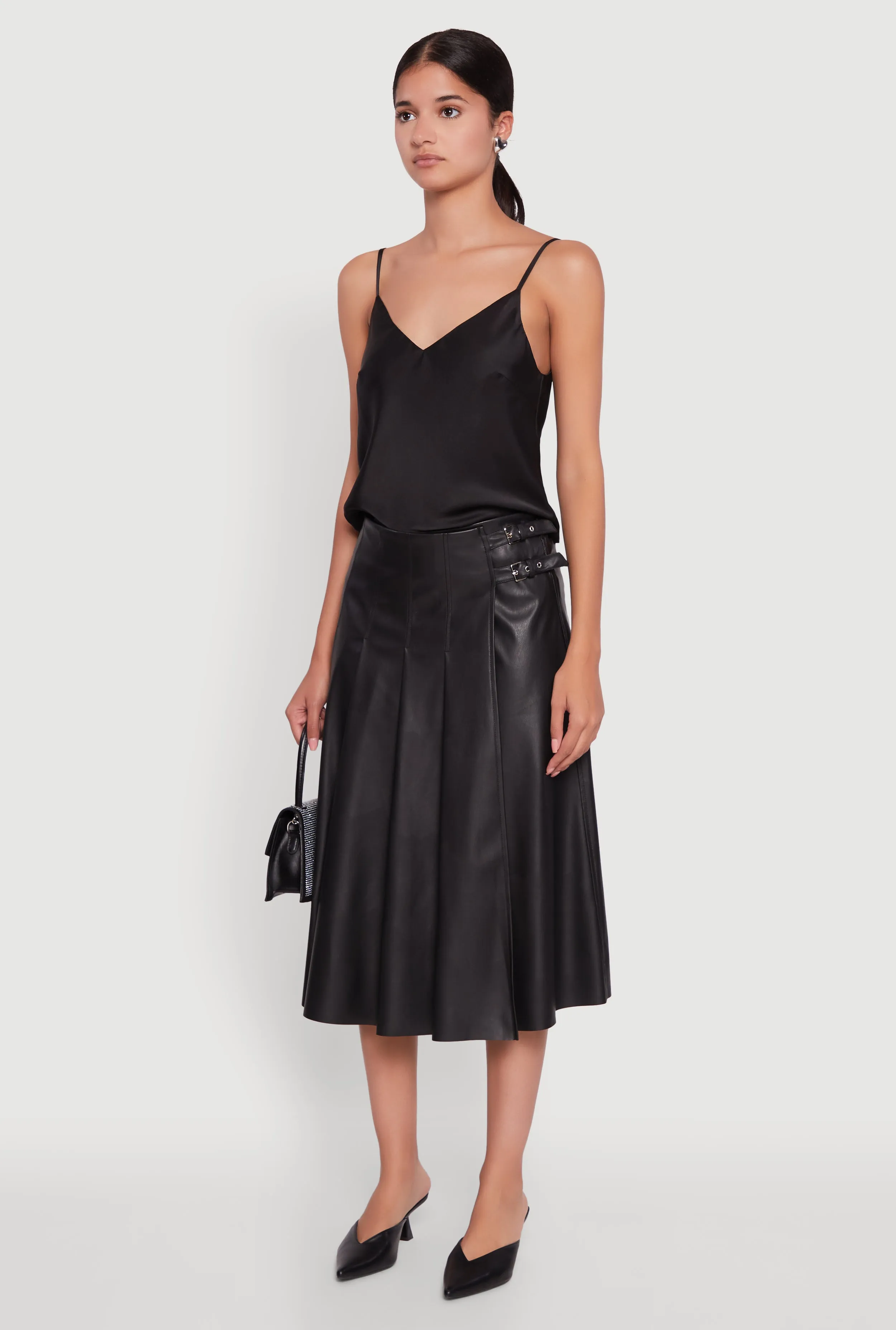 Faux Leather Buckle Detail Midi Pleated Skirt sold by Rainbow product image thumbnail 3