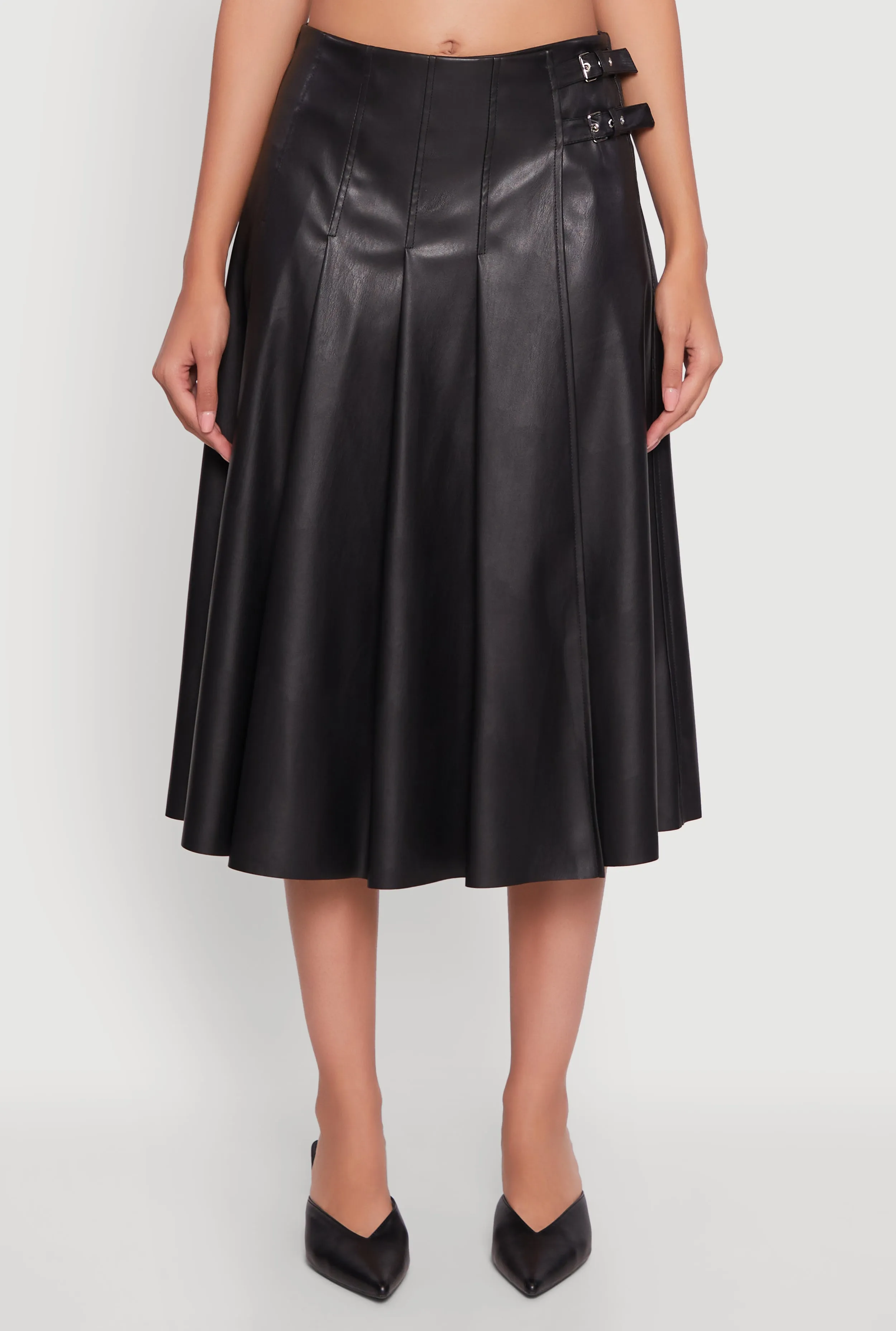 Faux Leather Buckle Detail Midi Pleated Skirt sold by Rainbow product image thumbnail 5