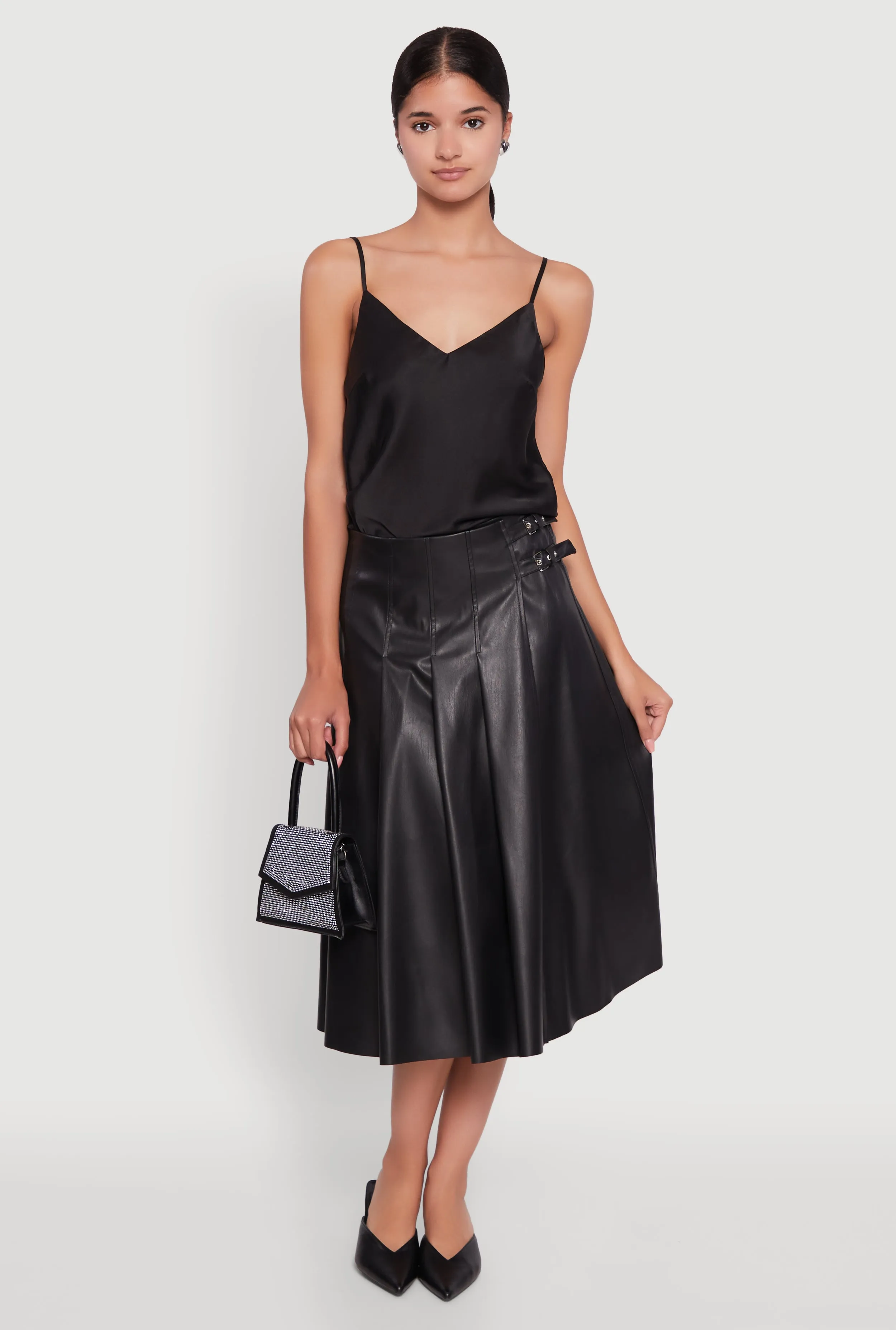 Faux Leather Buckle Detail Midi Pleated Skirt sold by Rainbow