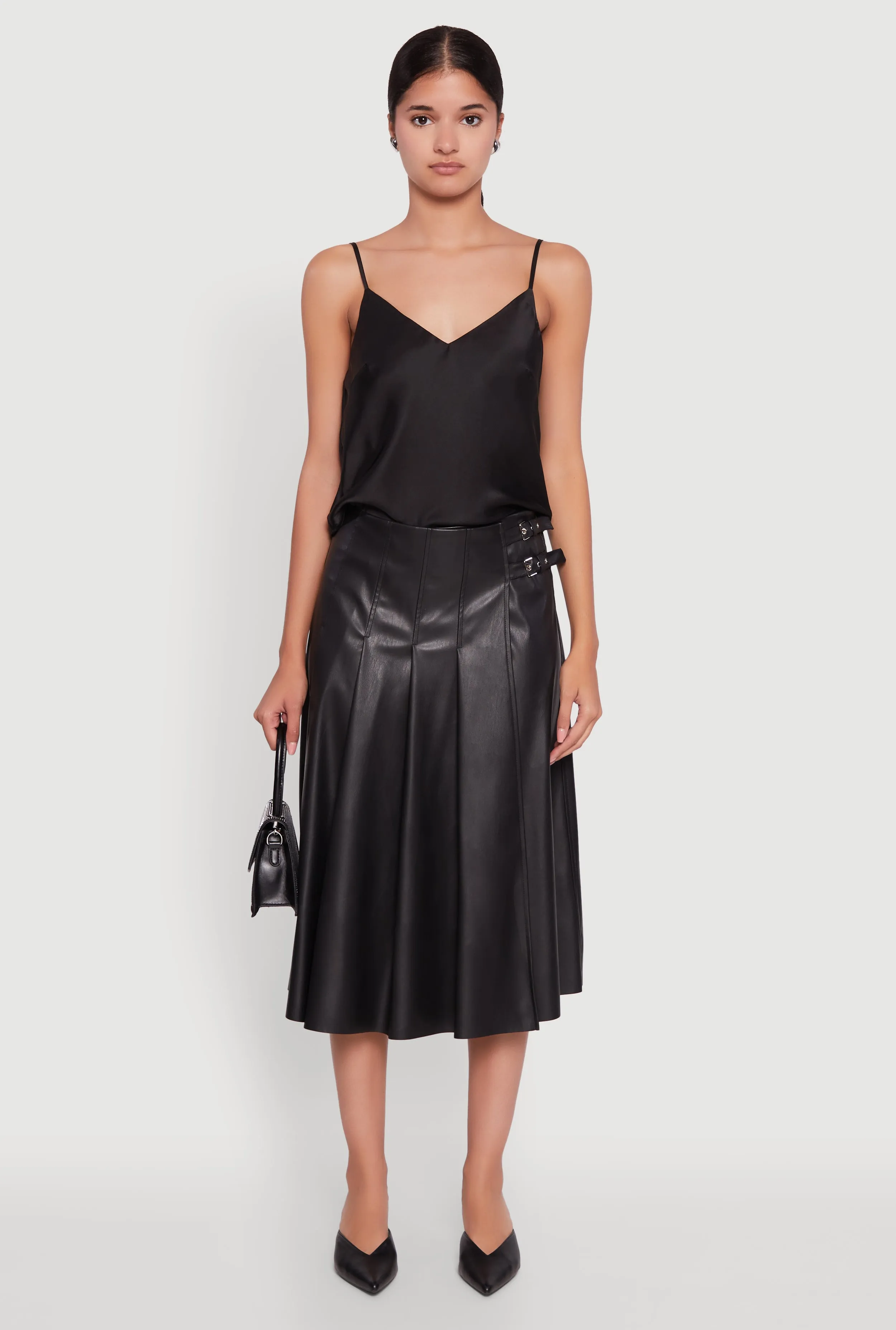 Faux Leather Buckle Detail Midi Pleated Skirt sold by Rainbow product image thumbnail 2