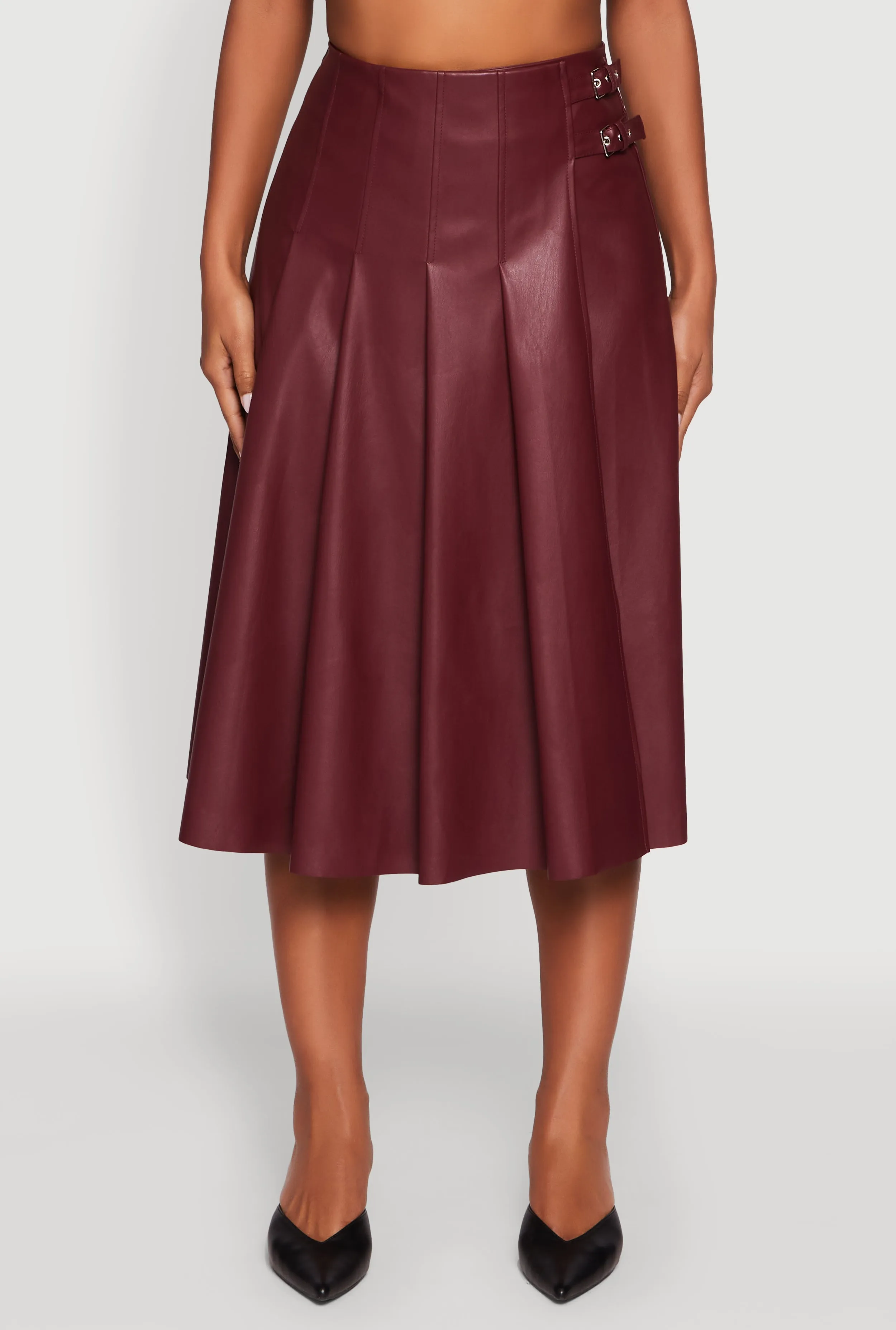 Faux Leather Buckle Detail Midi Pleated Skirt sold by Rainbow product image thumbnail 5