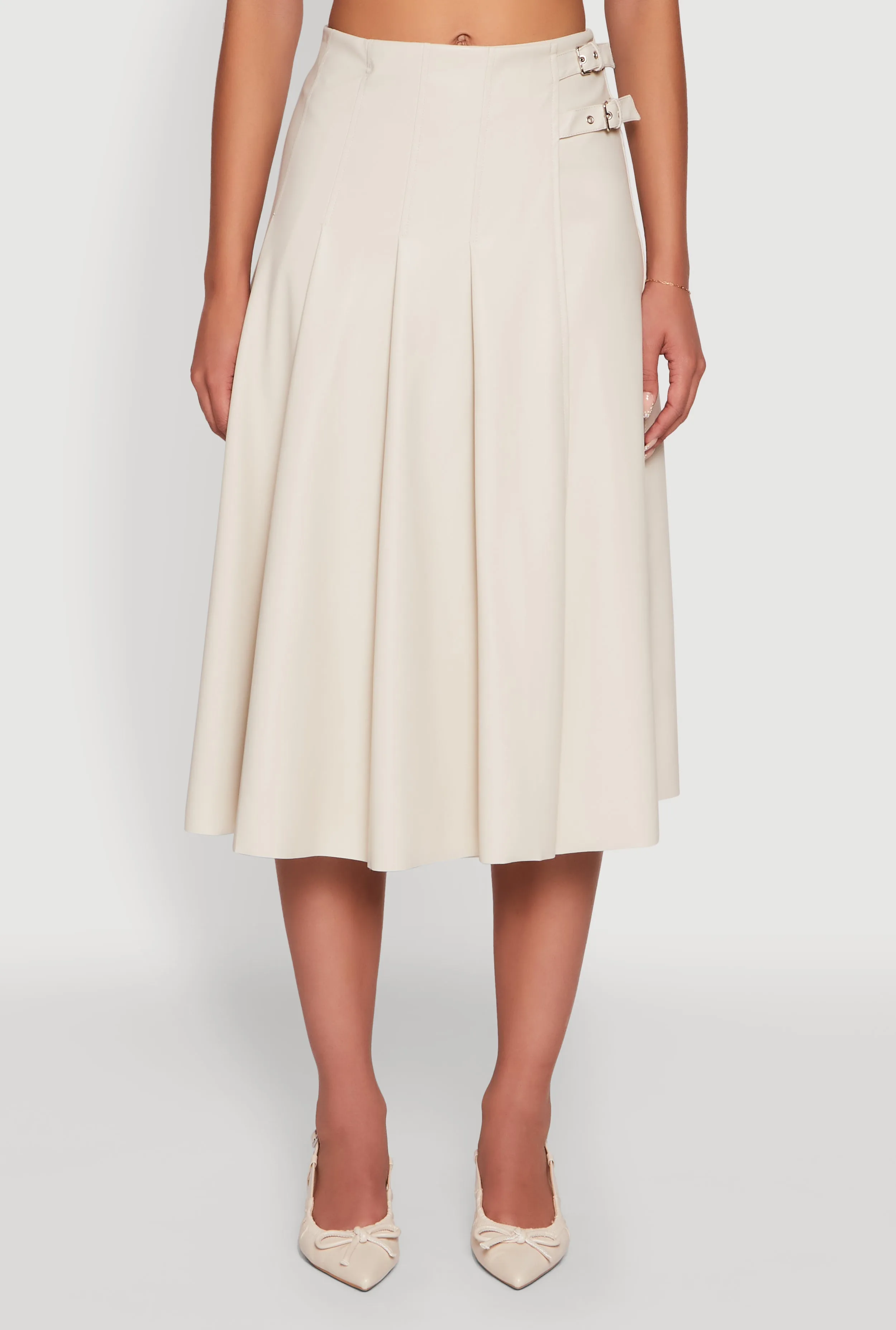 Faux Leather Buckle Detail Midi Pleated Skirt sold by Rainbow product image thumbnail 5