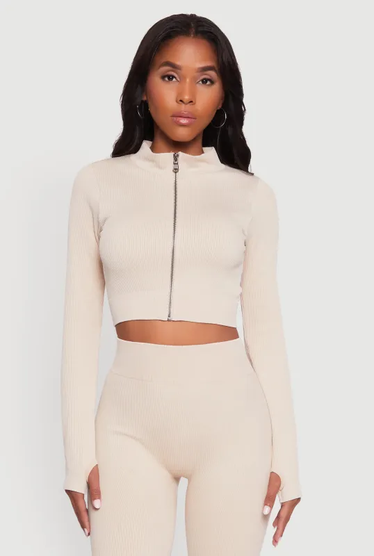 Seamless Ribbed Zip Front Cropped Track Jacket sold by Rainbow