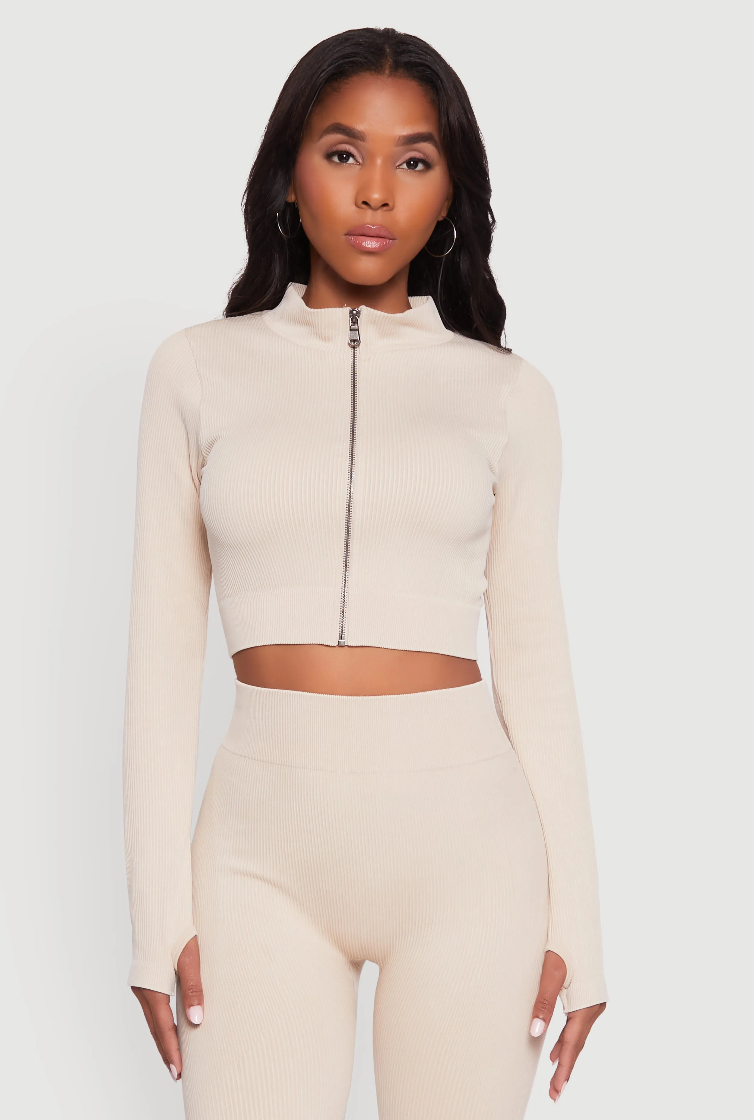 Seamless Ribbed Zip Front Cropped Track Jacket sold by Rainbow