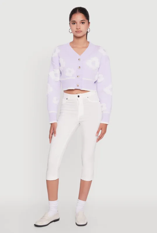 Chenille Floral Brushed Knit Cropped Cardigan sold by Rainbow