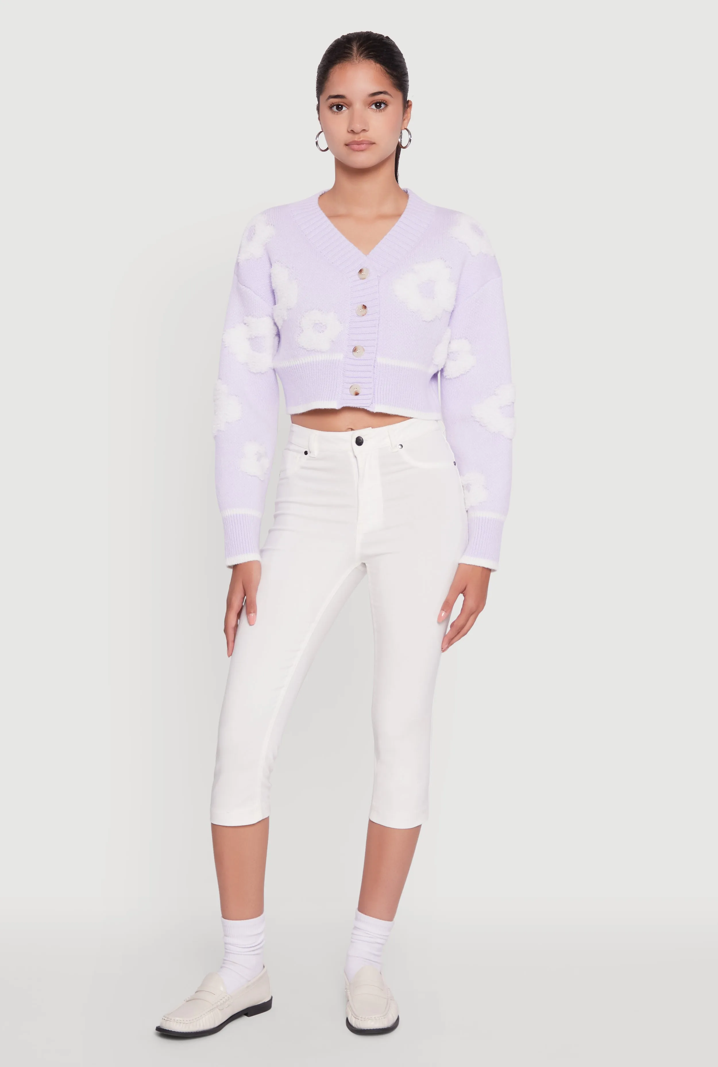 Chenille Floral Brushed Knit Cropped Cardigan sold by Rainbow